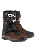 Alpinestars Belize Drystar® Boots, Adventure Touring Motorcycle Boots, Oiled Brown and Black, featuring a low-cut design with dual lateral buckles, black TPU shin plate with white Alpinestars logo, and rugged vulcanized rubber soles.