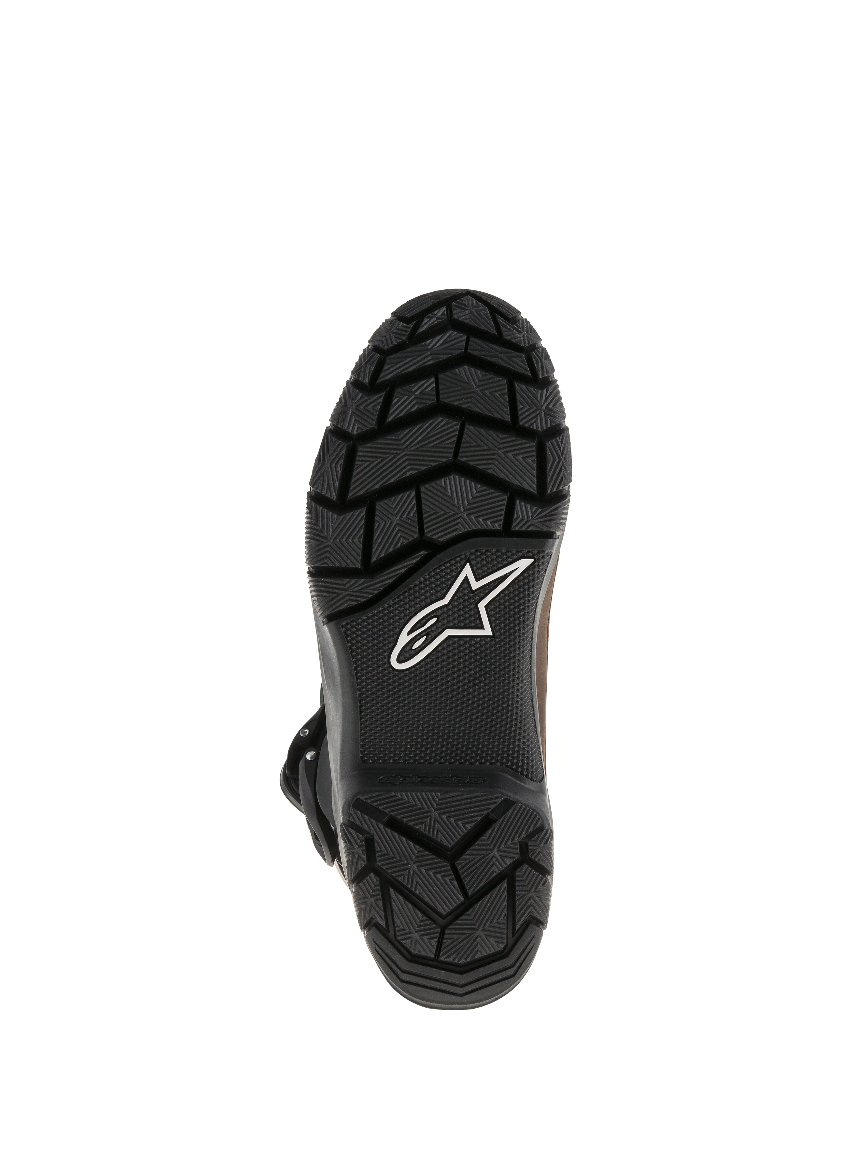 Alpinestars Belize Drystar® Boots, black vulcanized rubber outsole with rugged textured tread pattern, featuring white Alpinestars star logo, durable grip design for adventure touring