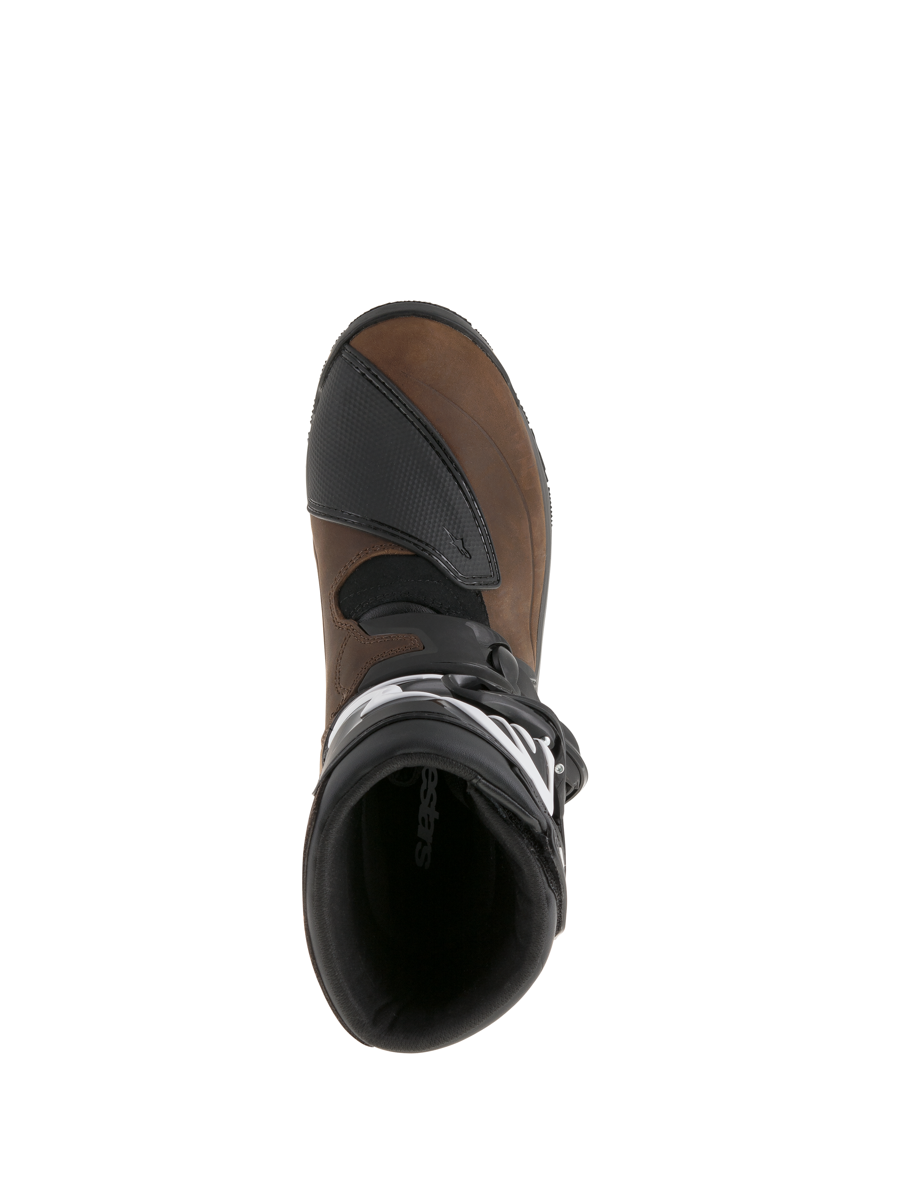 Alpinestars Belize Drystar® Boots, Oiled Brown and Black, top-down view showing the interior lining and textured shift pad, leather adventure touring motorcycle boots