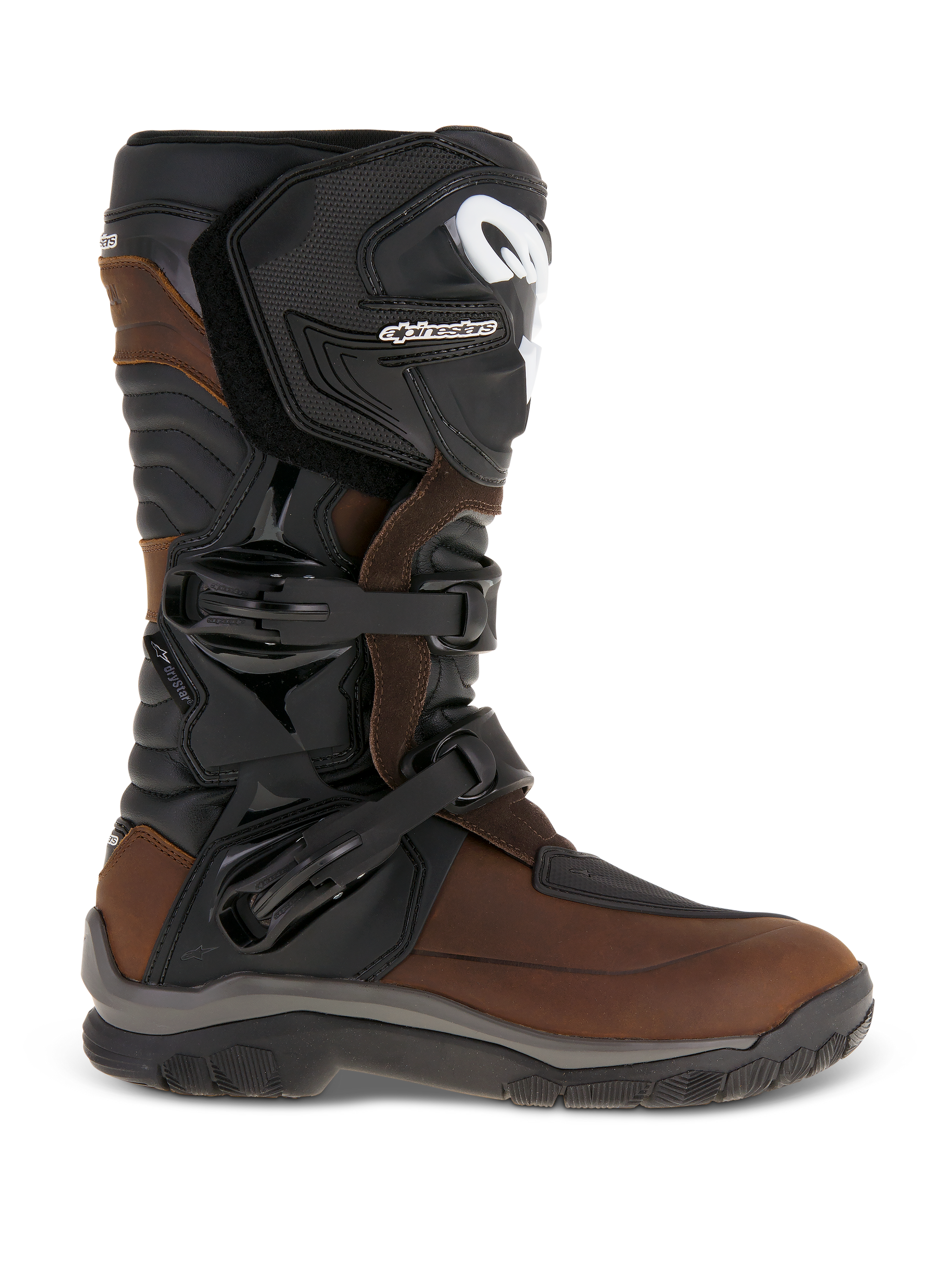 Alpinestars Corozal Adventure Drystar geolied lederen laarzen, bruin en zwart, zijaanzicht met volnerf geolied lederen chassis, sluitsysteem met twee gespen en verstevigde TPU-scheenplaat, adventure touring motorlaarzen