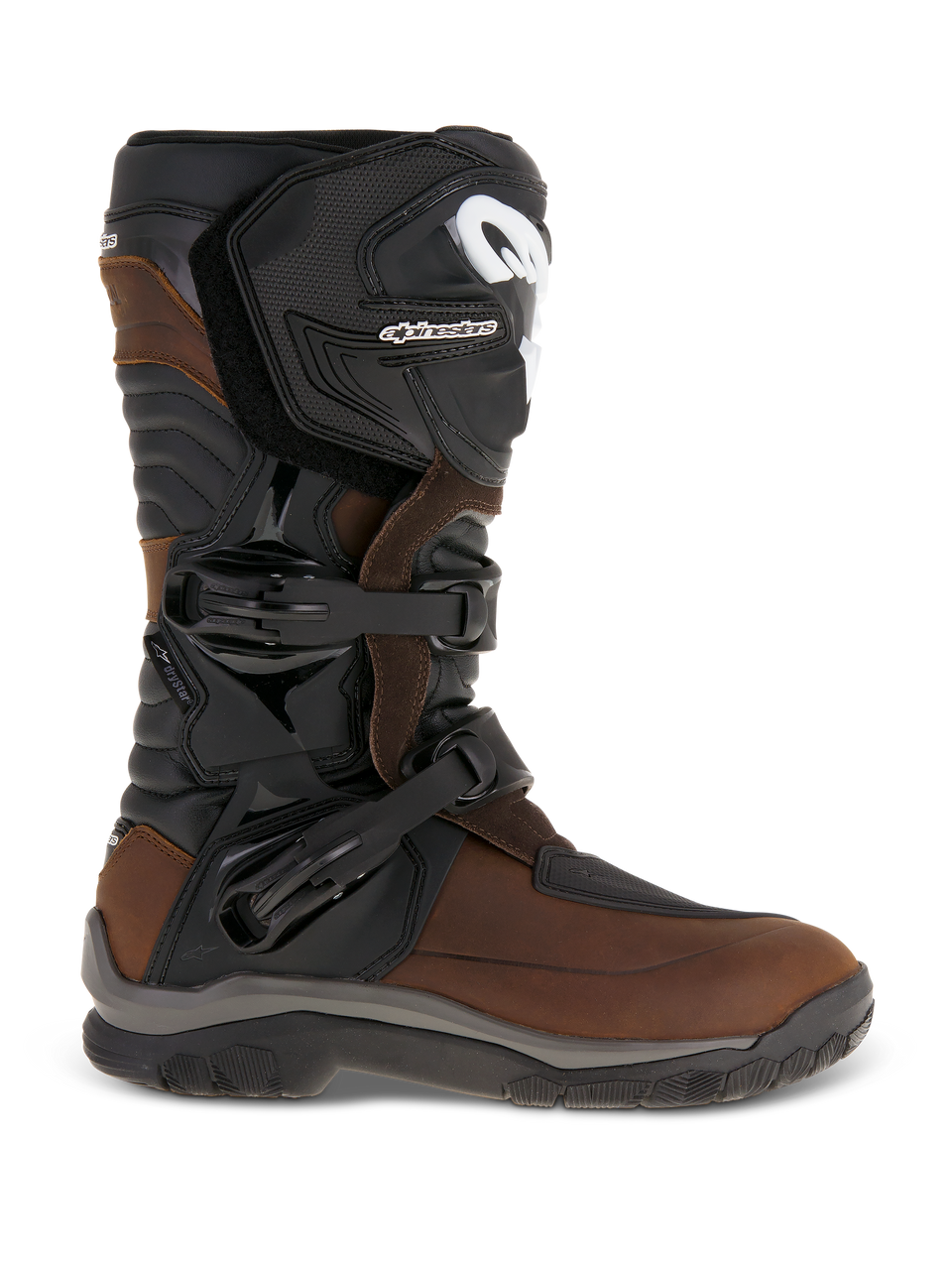 Alpinestars Corozal Adventure Drystar Oiled Leather Boots, Brown and Black, profile view showing full-grain oiled leather chassis, two-buckle closure system, and reinforced TPU shin plate, adventure touring motorcycle footwear