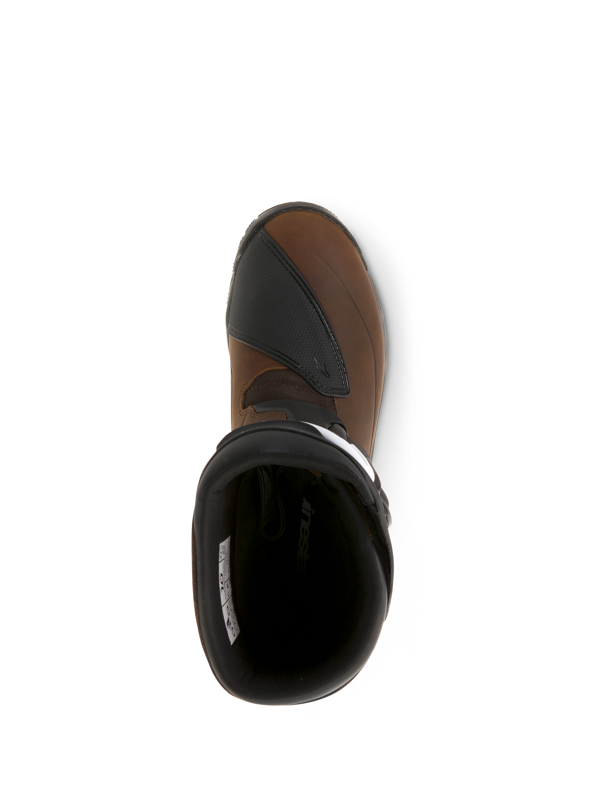 Alpinestars Corozal Adventure Drystar® Oiled Leather laarzen, bruine en zwarte motorlaarzen, bovenaanzicht met de geoliede lederen neus en het getextureerde zwarte schakelpad, duurzaam adventure touring ontwerp