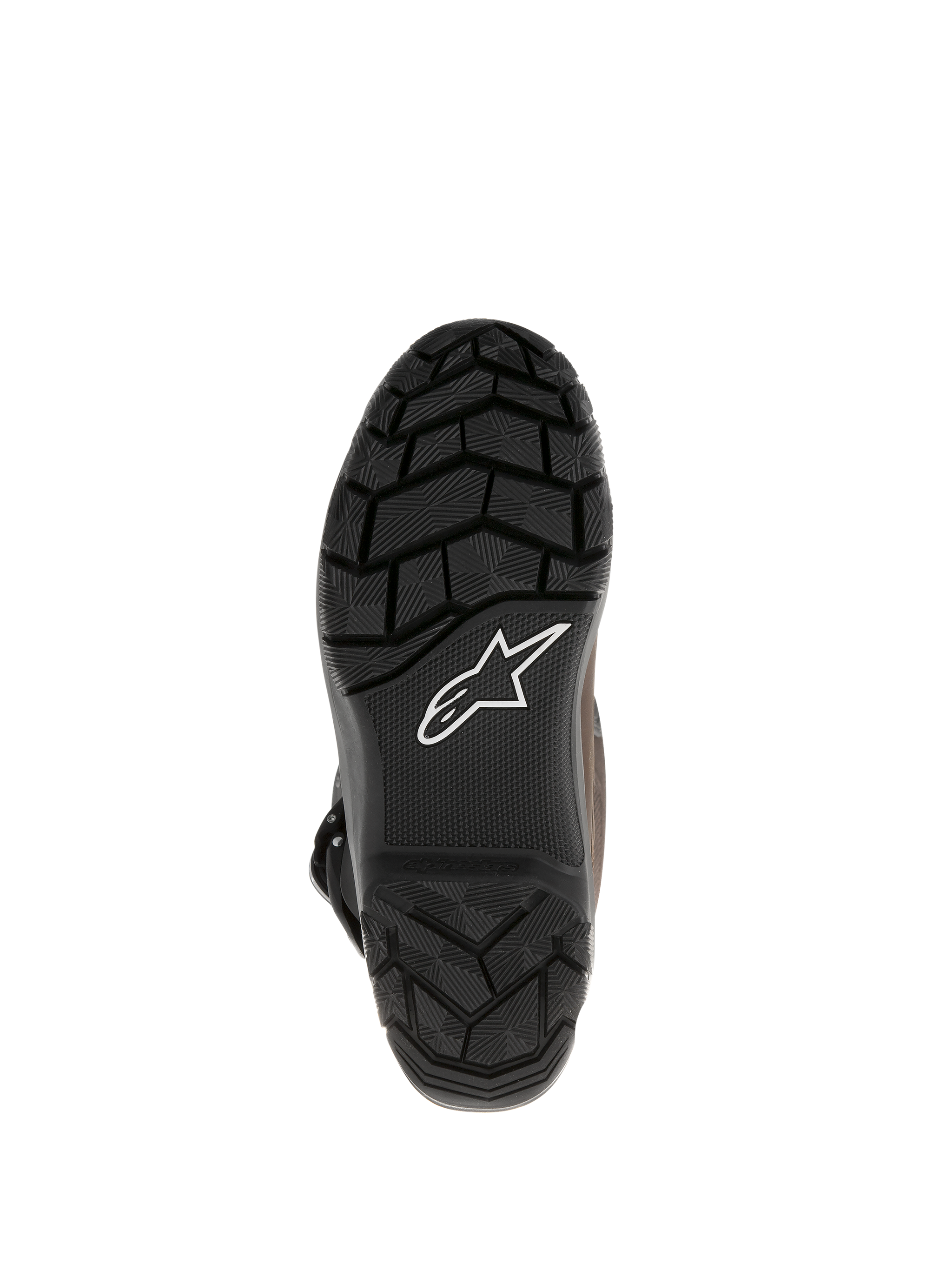 Alpinestars Corozal Adventure Drystar® Oiled Leather Boots, onderaanzicht van de zool in zwart gevulkaniseerd rubber met robuust profiel, wit Alpinestars logo, ontworpen voor adventure touring en off-road grip