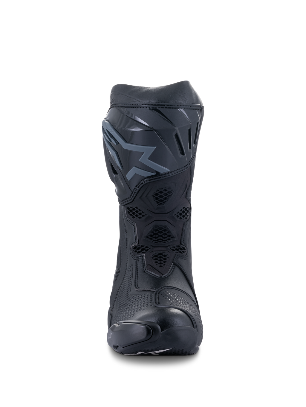 Alpinestars Supertech R laarzen, race motorlaarzen, zwart, vooraanzicht met de TPU-scheenplaat met logo, mesh-ventilatiepanelen en gestroomlijnde beschermende constructie