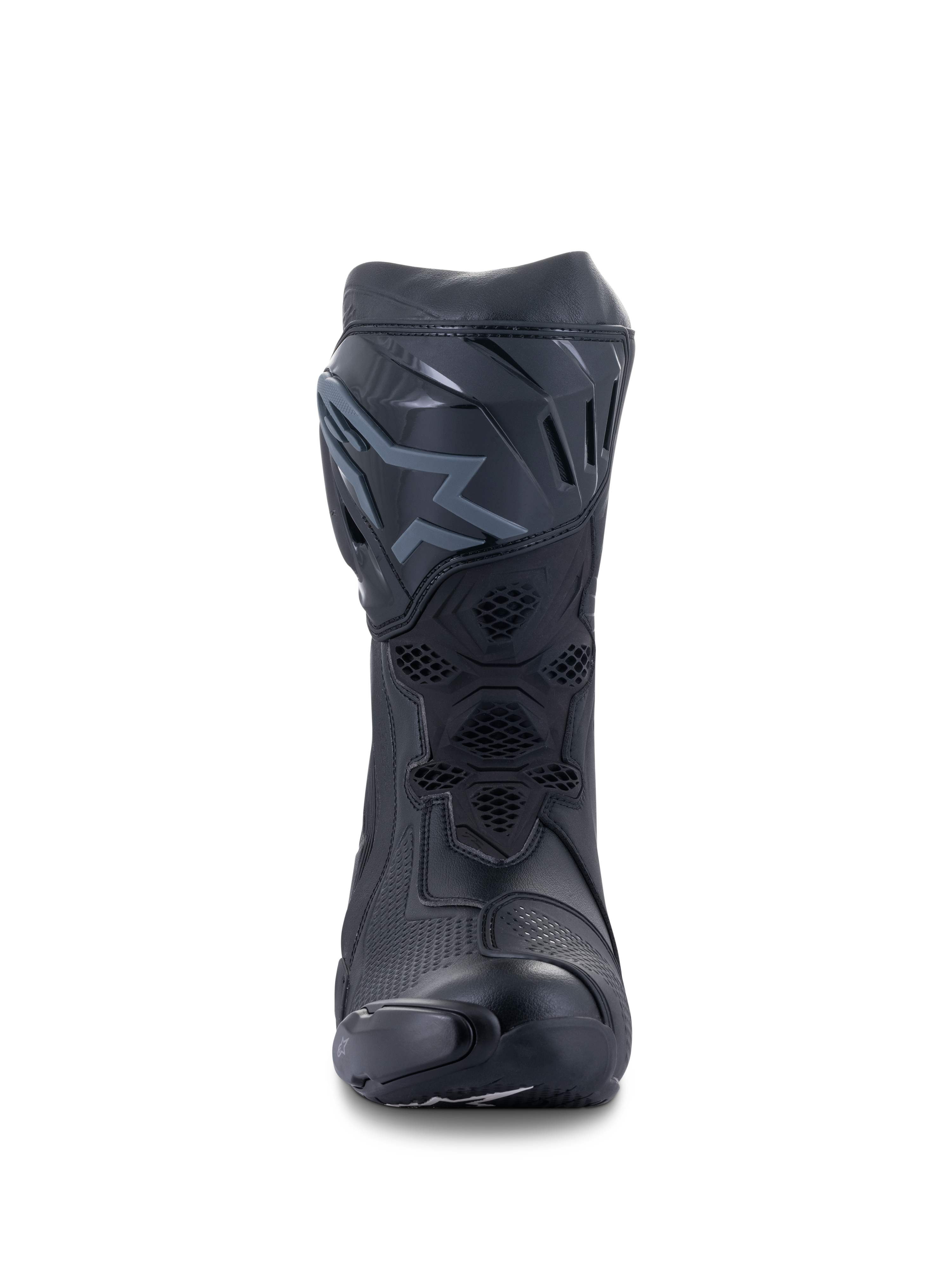 Alpinestars Supertech R laarzen, race motorlaarzen, zwart, vooraanzicht met de TPU-scheenplaat met logo, mesh-ventilatiepanelen en gestroomlijnde beschermende constructie