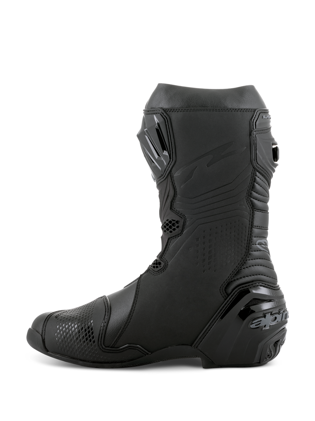 Alpinestars Supertech R laarzen, motorrace-laarzen, zwart zwart, zijaanzicht met de TPU-scheenplaat, versterkte hielbeschermer en accordeon-flexzones voor natuurlijke beweging, professioneel schoeisel voor circuit- en straatprestaties