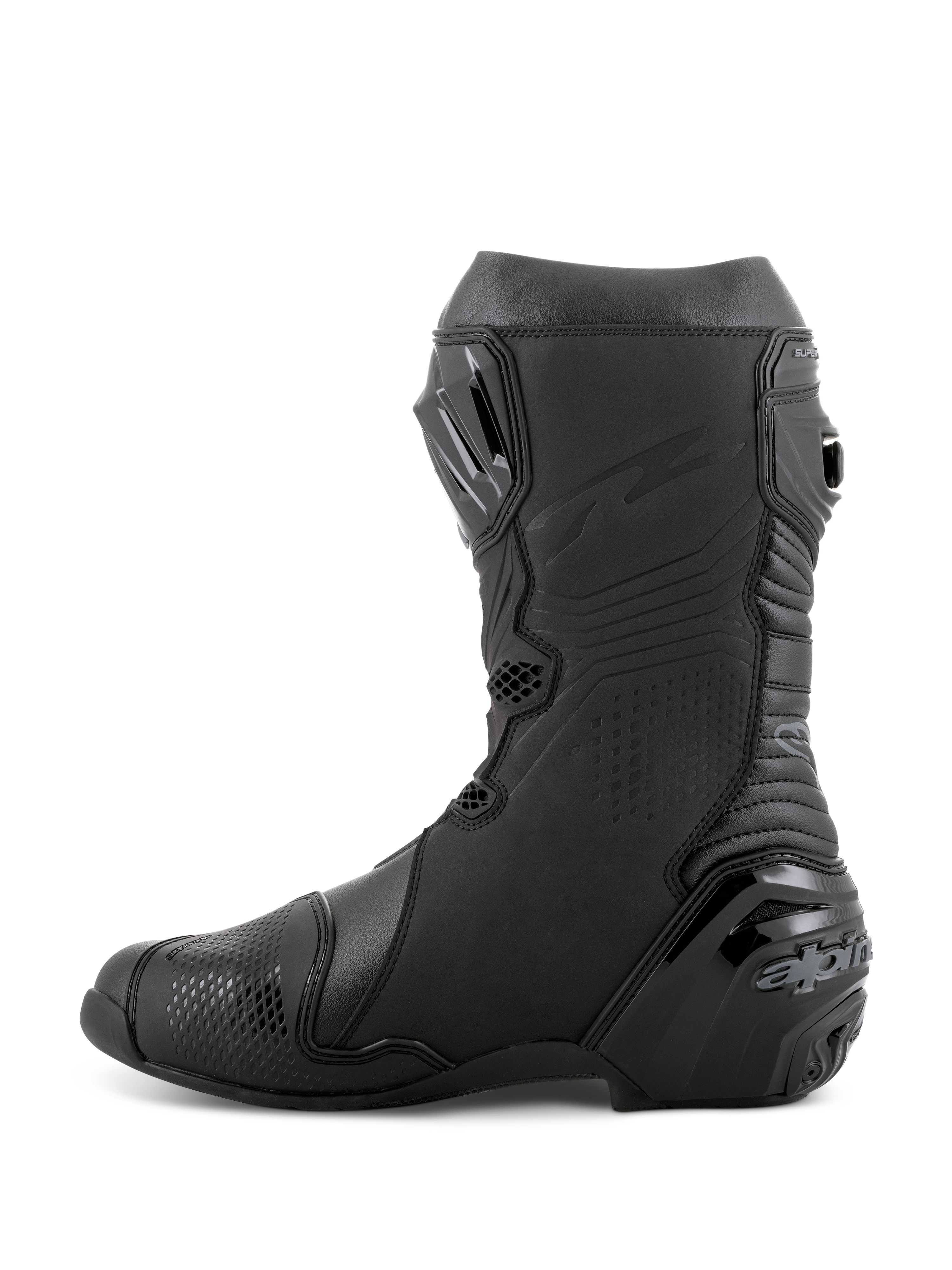 Alpinestars Supertech R laarzen, motorrace-laarzen, zwart zwart, zijaanzicht met de TPU-scheenplaat, versterkte hielbeschermer en accordeon-flexzones voor natuurlijke beweging, professioneel schoeisel voor circuit- en straatprestaties