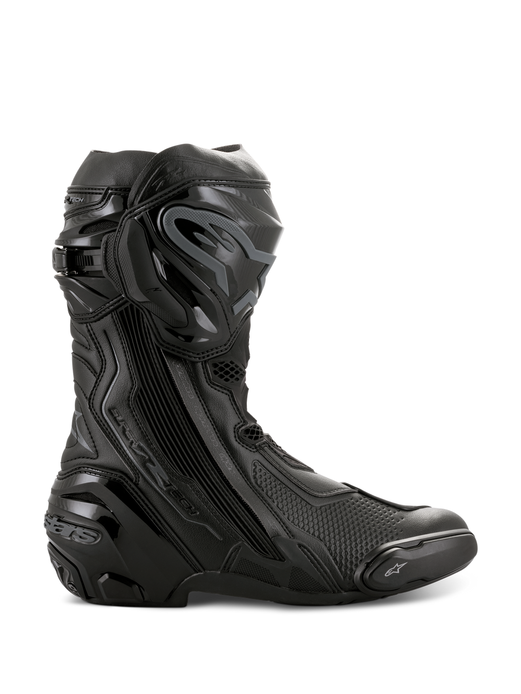 Alpinestars Supertech R motorlaarzen, hoogwaardige motorrace-laarzen, volledig zwart, zijaanzicht met TPU-scheenbeschermer, vervangbare teenslider en versterkte hiel, professioneel circuitklaar ontwerp
