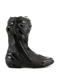 Alpinestars Supertech R motorlaarzen, hoogwaardige motorrace-laarzen, volledig zwart, zijaanzicht met TPU-scheenbeschermer, vervangbare teenslider en versterkte hiel, professioneel circuitklaar ontwerp