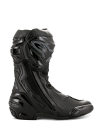 Alpinestars Supertech R motorlaarzen, hoogwaardige motorrace-laarzen, volledig zwart, zijaanzicht met TPU-scheenbeschermer, vervangbare teenslider en versterkte hiel, professioneel circuitklaar ontwerp