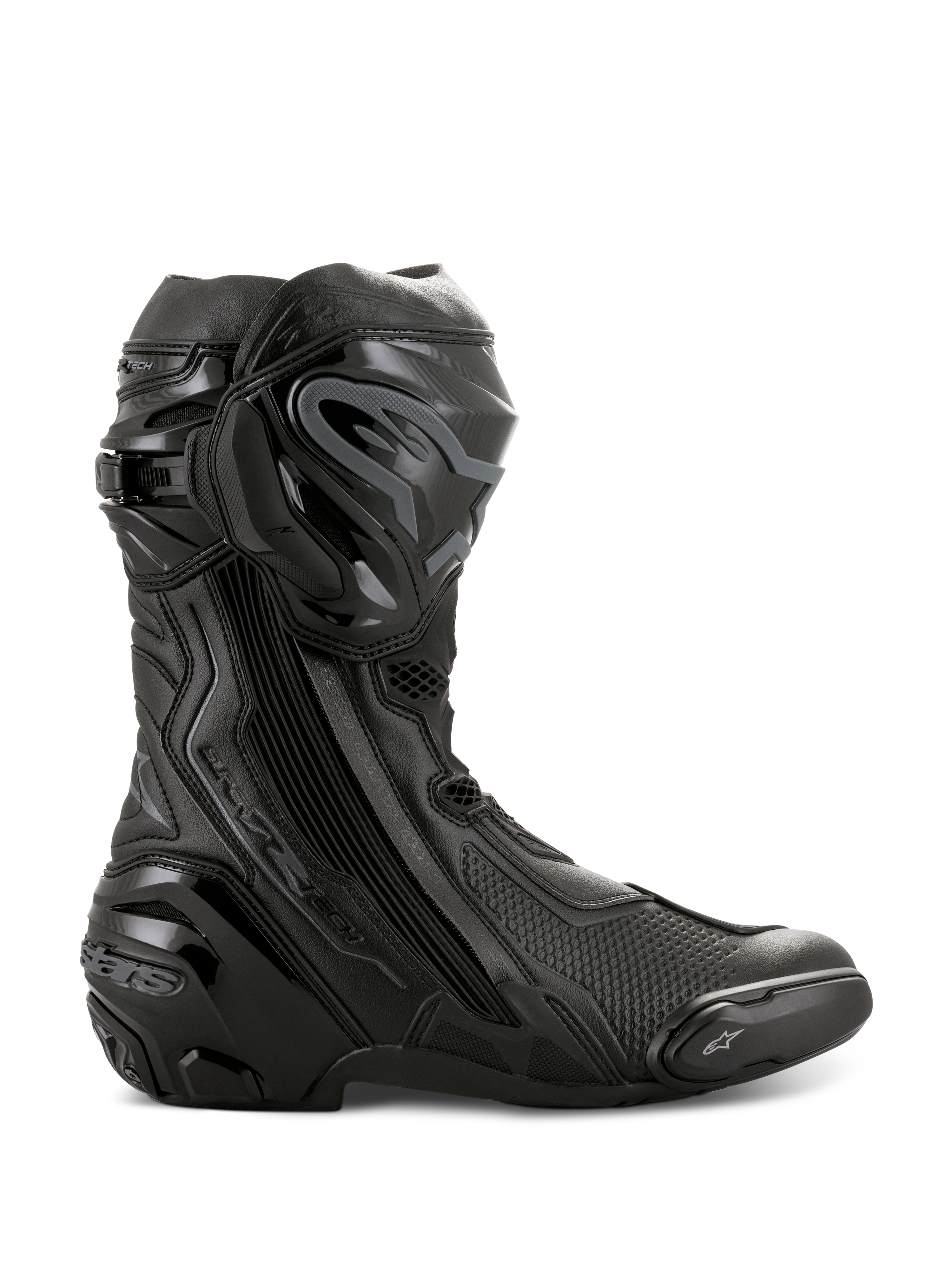 Alpinestars Supertech R motorlaarzen, hoogwaardige motorrace-laarzen, volledig zwart, zijaanzicht met TPU-scheenbeschermer, vervangbare teenslider en versterkte hiel, professioneel circuitklaar ontwerp