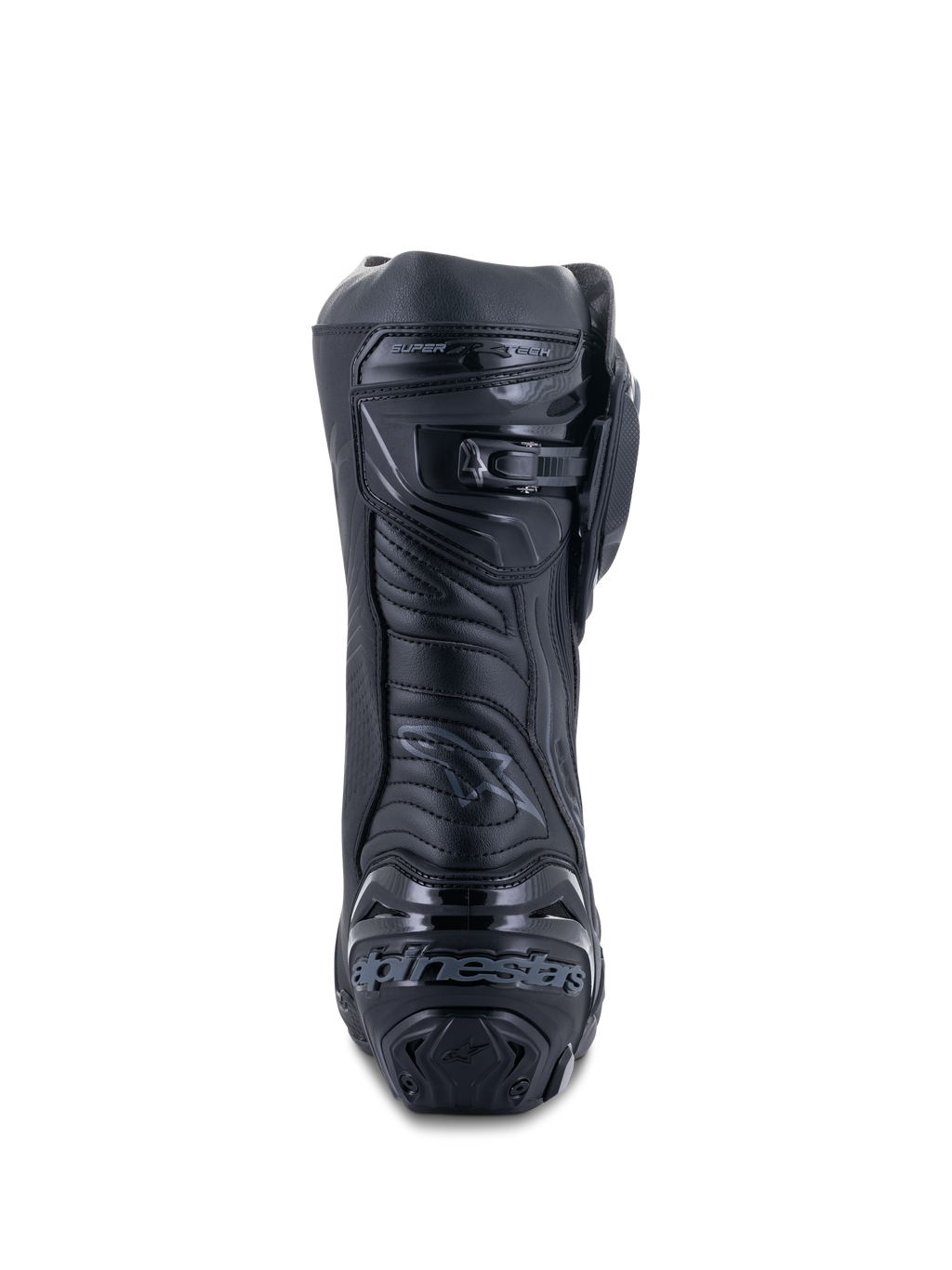 Alpinestars Supertech R laarzen, Black Black, achteraanzicht met versterkte hielplaat met merklogo, micro-verstelbare ratelsluiting bij de kuit en flexibele Achilles-zone, professioneel schoeisel voor motorracen
