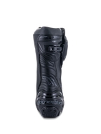 Alpinestars Supertech R laarzen, Black Black, achteraanzicht met versterkte hielplaat met merklogo, micro-verstelbare ratelsluiting bij de kuit en flexibele Achilles-zone, professioneel schoeisel voor motorracen
