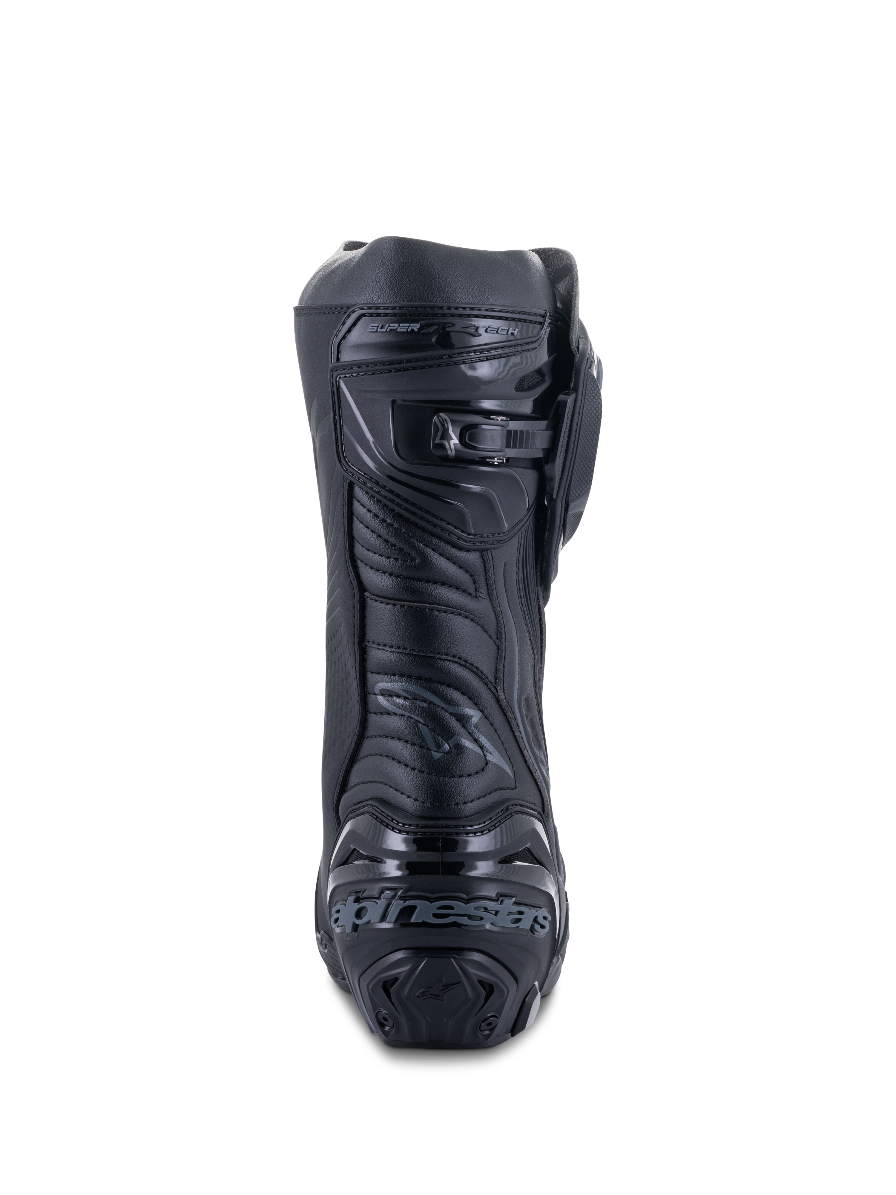 Alpinestars Supertech R laarzen, Black Black, achteraanzicht met versterkte hielplaat met merklogo, micro-verstelbare ratelsluiting bij de kuit en flexibele Achilles-zone, professioneel schoeisel voor motorracen