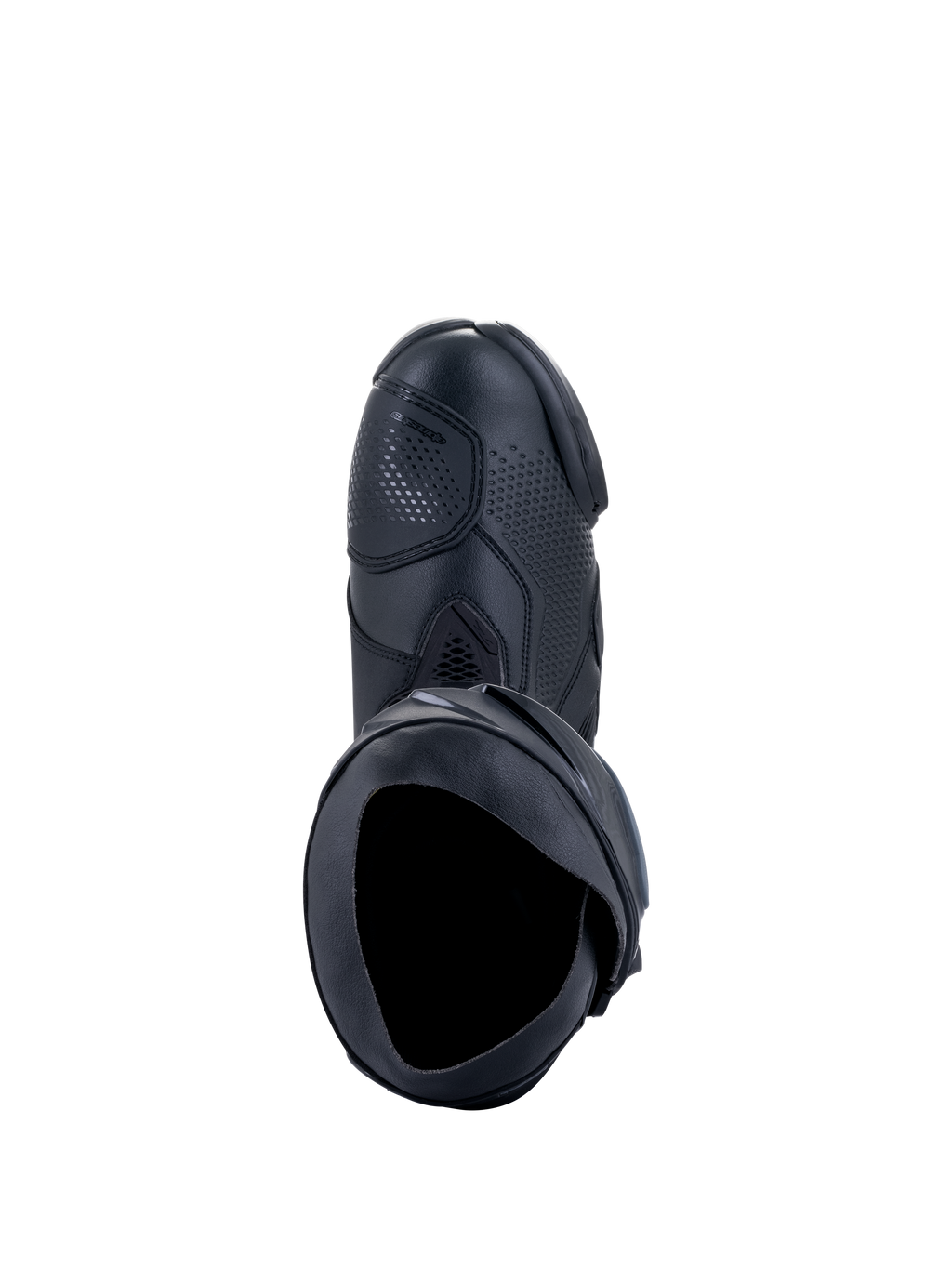 Alpinestars Supertech R laarzen, motorrace-laarzen, zwart zwart, bovenaanzicht met de binnenopening, schakelpad en getextureerd synthetisch bovenwerk, professioneel ontworpen racelaars