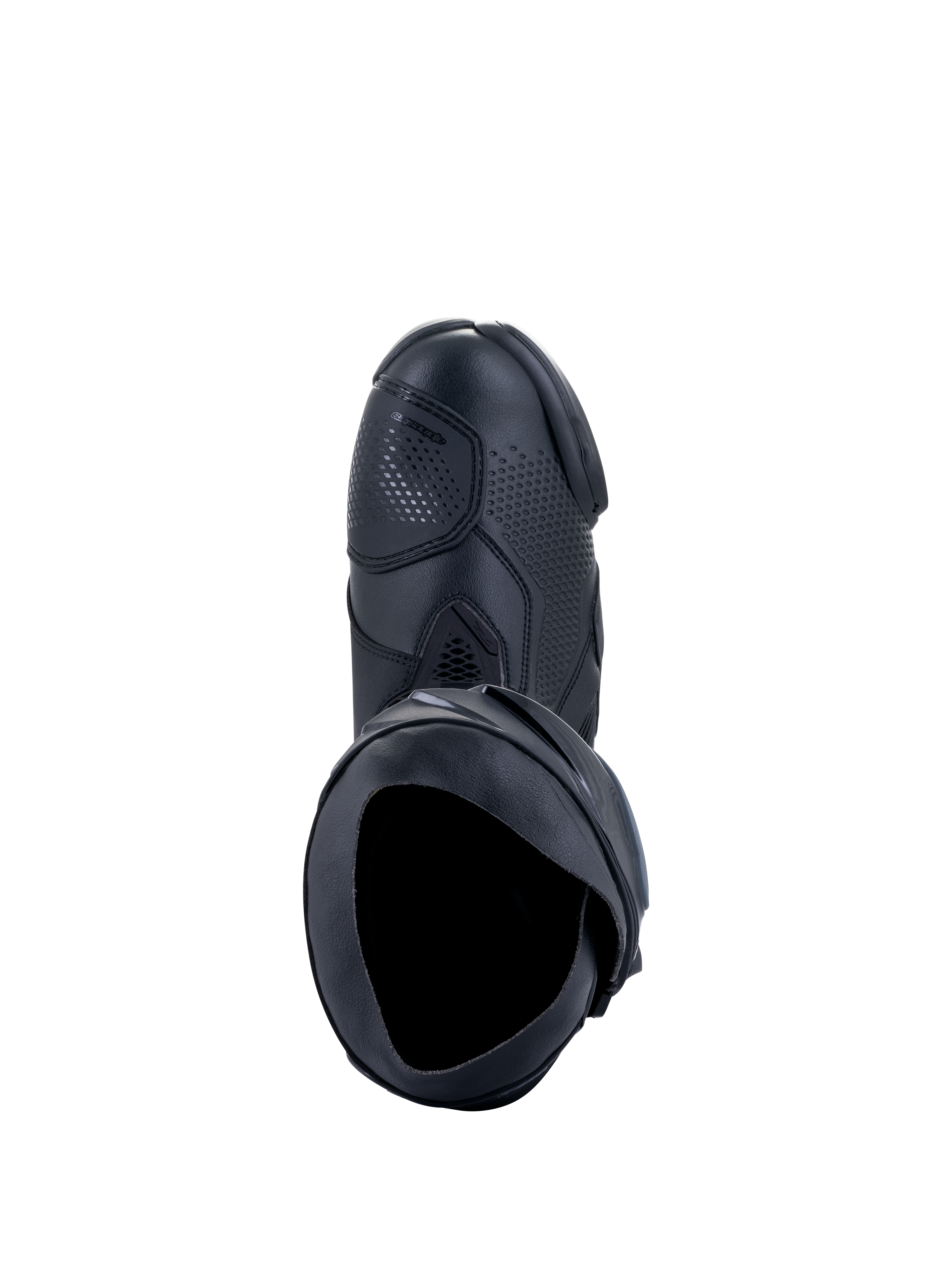Alpinestars Supertech R laarzen, motorrace-laarzen, zwart zwart, bovenaanzicht met de binnenopening, schakelpad en getextureerd synthetisch bovenwerk, professioneel ontworpen racelaars