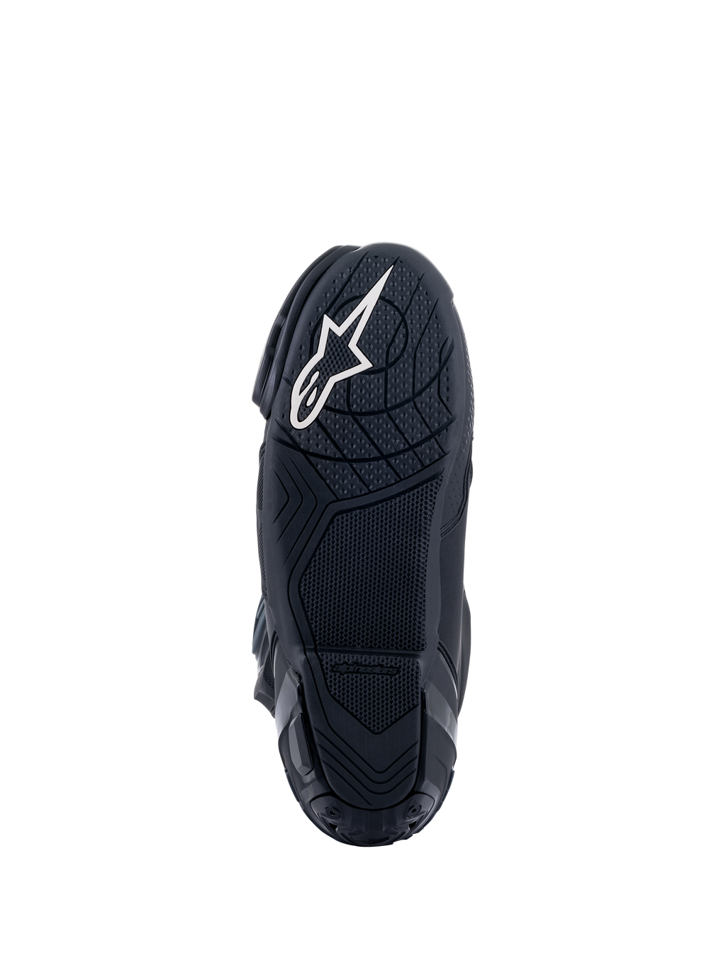 Alpinestars Supertech R Boots, race motorlaarzen, zwart, onderaanzicht van de rubberen zool met getextureerde grippatronen, voorzien van een wit Alpinestars sterlogo op de hiel