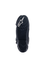 Alpinestars Supertech R Boots, race motorlaarzen, zwart, onderaanzicht van de rubberen zool met getextureerde grippatronen, voorzien van een wit Alpinestars sterlogo op de hiel