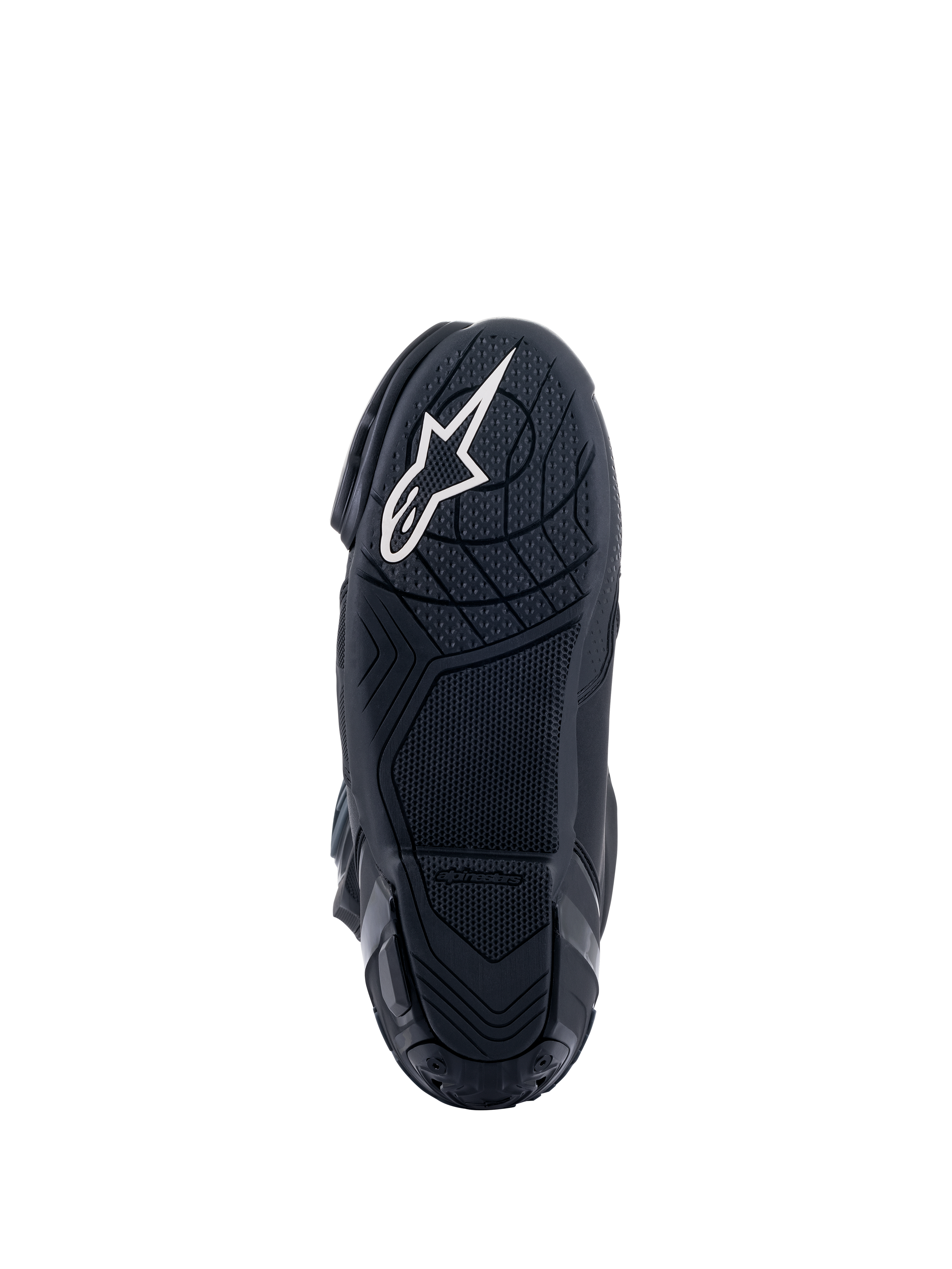 Alpinestars Supertech R Boots, race motorlaarzen, zwart, onderaanzicht van de rubberen zool met getextureerde grippatronen, voorzien van een wit Alpinestars sterlogo op de hiel