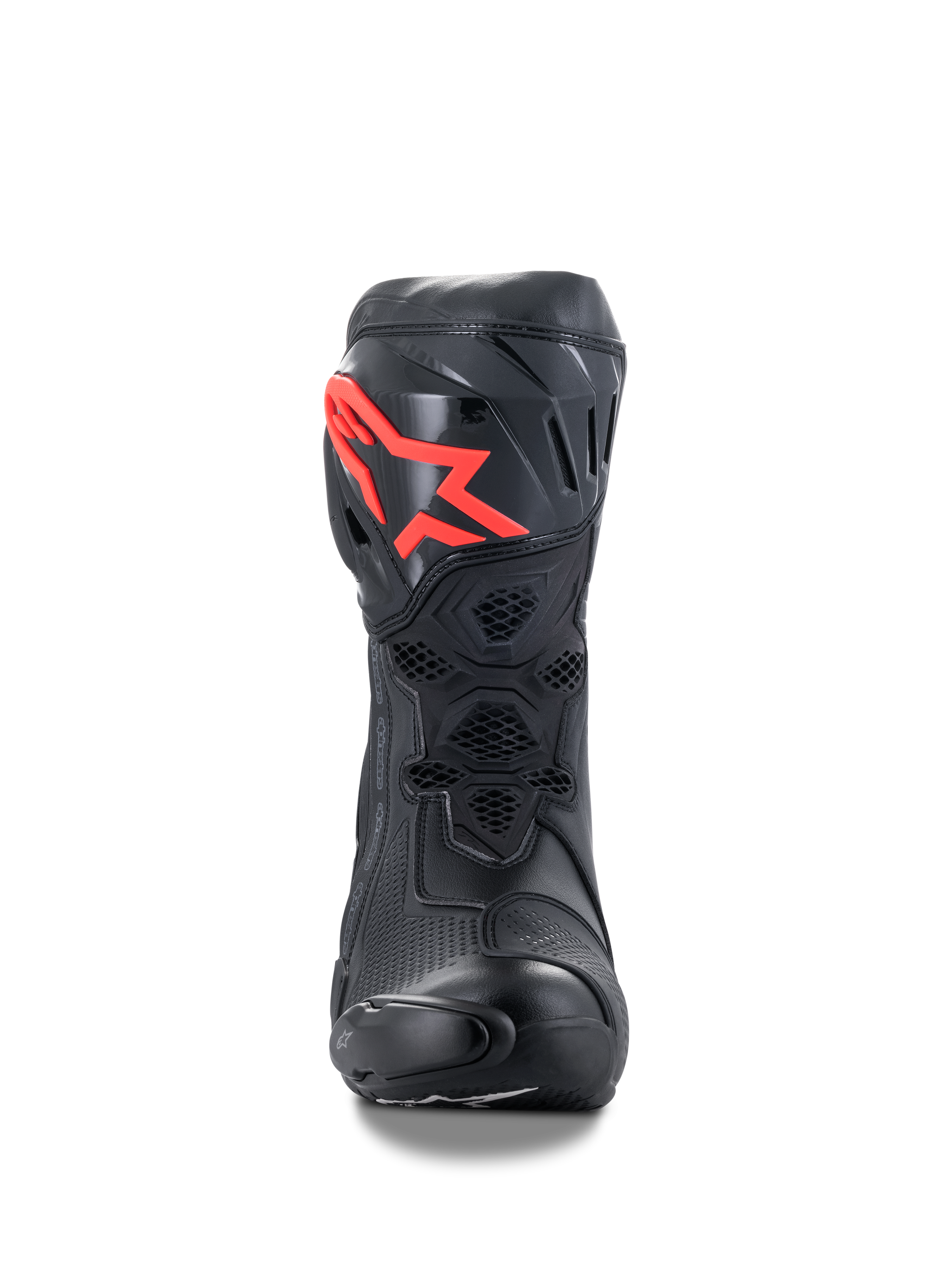 Alpinestars Supertech R Boots, Performance Racing Motorcycle Boots, Black with Red Logo, front view featuring a protective TPU shin plate, honeycomb mesh ventilation, and aerodynamic racing design