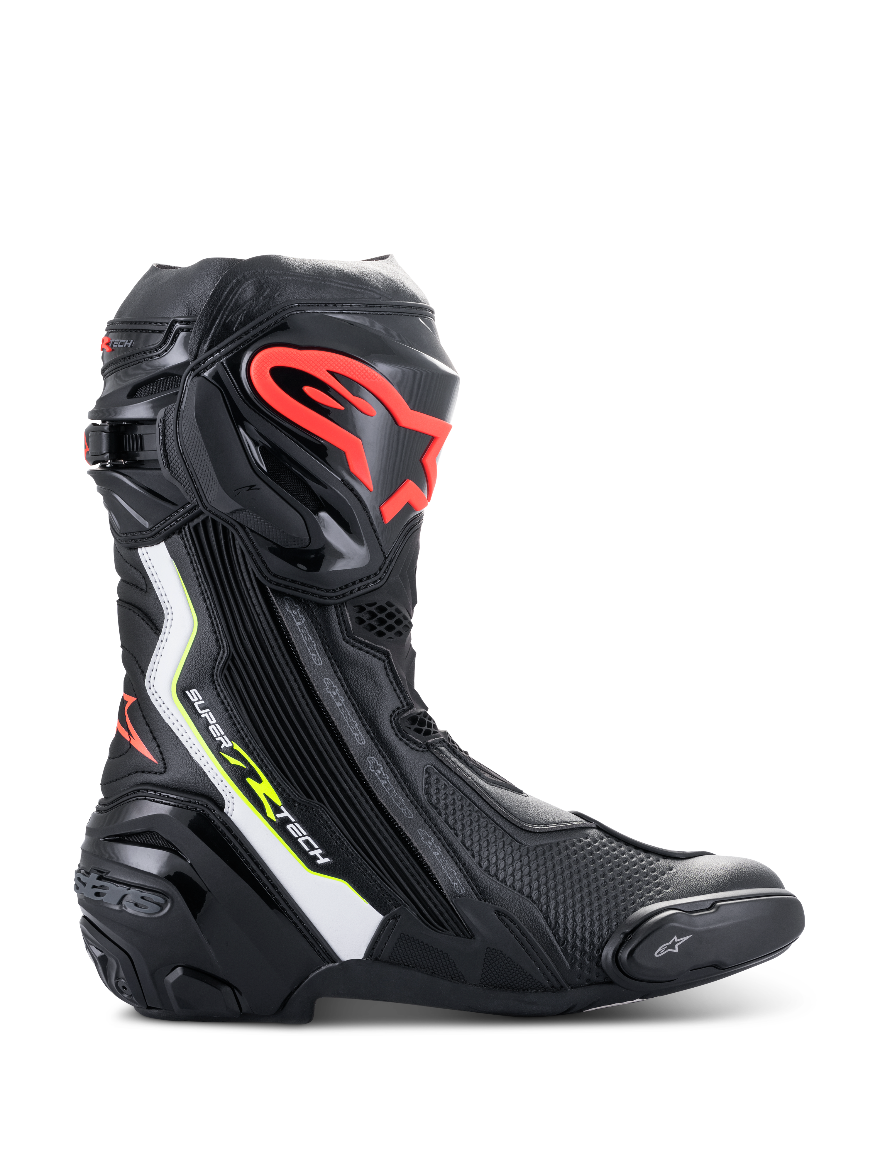 Alpinestars Supertech R Boots, hoogwaardige motorrace-laarzen in zwart met witte, rood fluo en geel fluo accenten, voorzien van een beschermende TPU-scheenplaat met een rood logo, vervangbare teenslider en een gestroomlijnd aerodynamisch profiel.