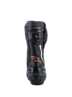 Alpinestars Supertech R Boots, high-performance racing motorcycle boots, rear view in black with red and yellow fluo accents, featuring TPU heel protection, a micro-adjustable ratchet closure, and signature branding.