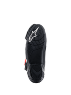 Alpinestars Supertech R Boots, bottom sole view, black lightweight rubber compound with textured grip pattern, white Alpinestars star logo, performance motorcycle racing footwear