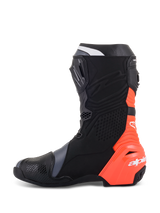 Alpinestars Supertech R Boots, professional motorcycle racing boots in Black Red Fluo White Gray, side profile view featuring a fluorescent red heel and protective shin plate, sleek aerodynamic design with white Alpinestars branding for high-performance track riding.