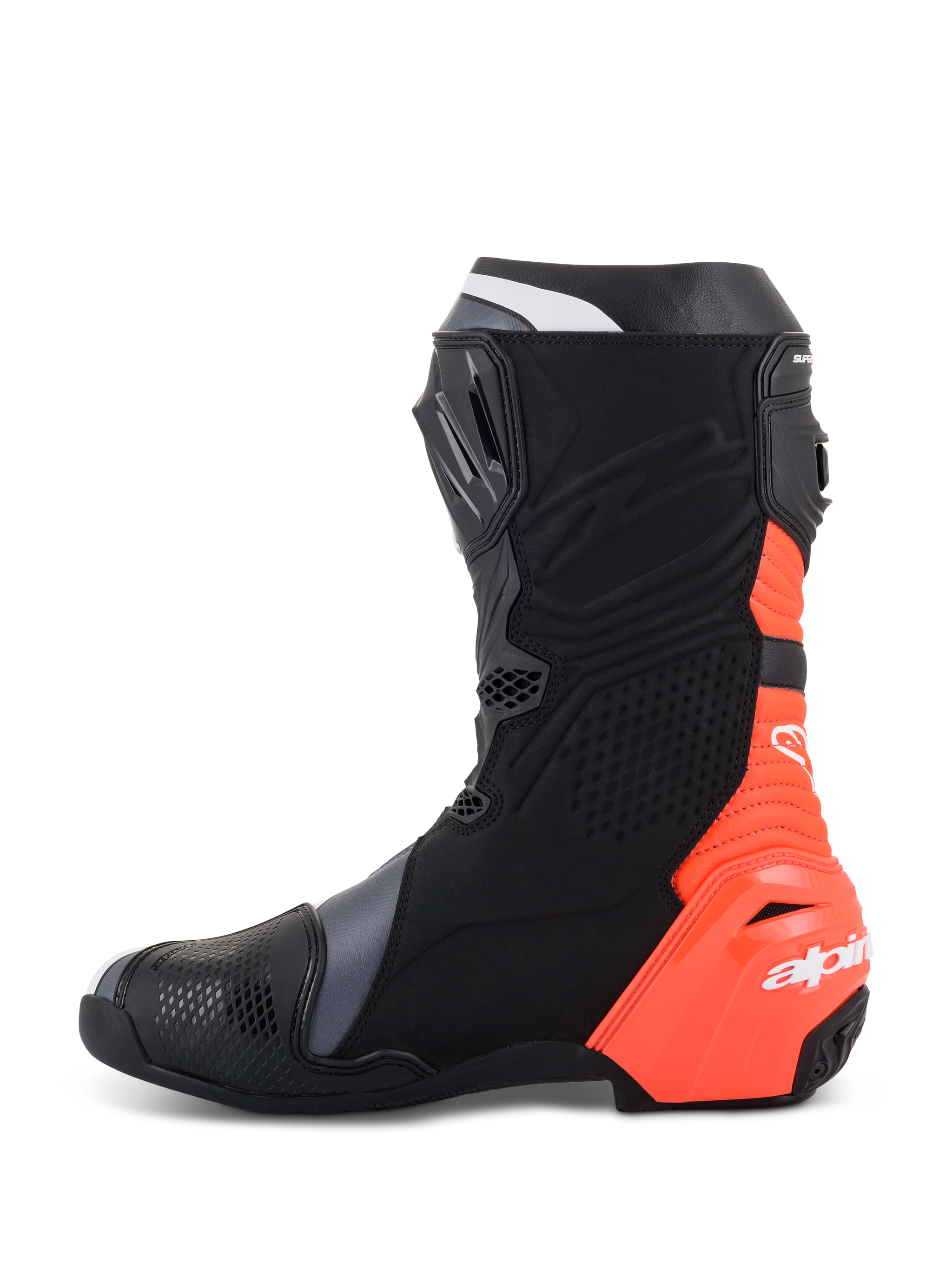 Alpinestars Supertech R Boots, professional motorcycle racing boots in Black Red Fluo White Gray, side profile view featuring a fluorescent red heel and protective shin plate, sleek aerodynamic design with white Alpinestars branding for high-performance track riding.
