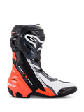 Alpinestars Supertech R Boots, high-performance racing motorcycle footwear, Black Red Fluo White and Gray, profile view showing TPU shin plate and toe slider, aerodynamic design with bold branding for track and road use.