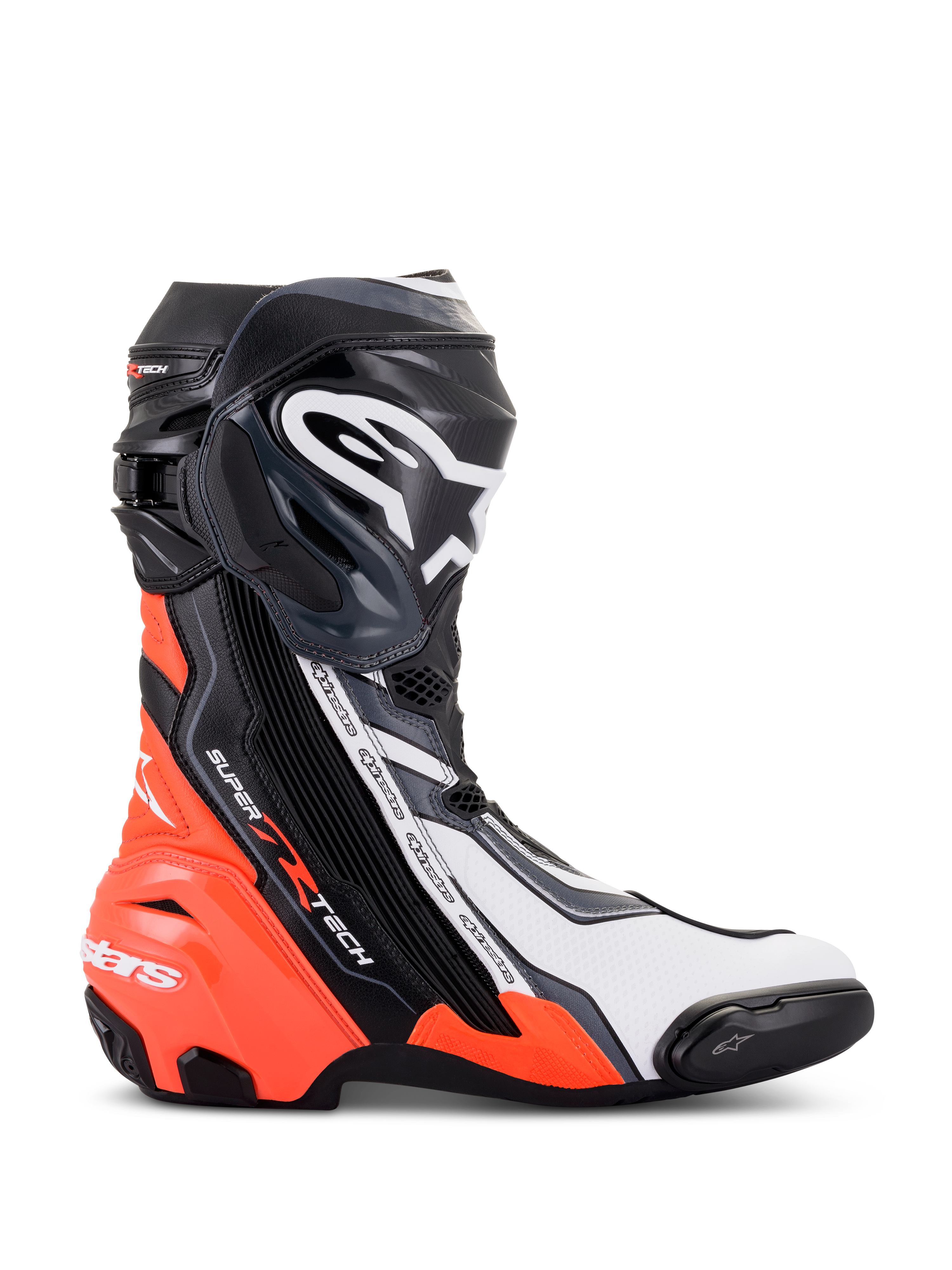 Alpinestars Supertech R laarzen, hoogwaardige race-motorlaarzen, zwart, rood fluo, wit en grijs, zijaanzicht met TPU-scheenplaat en teenslider, aerodynamisch ontwerp met opvallende branding voor circuit- en weggebruik