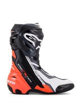 Alpinestars Supertech R Boots, Motorcycle Racing Boots, Black Red Fluo White and Gray, featuring a prominent white logo on the shin, bright red fluorescent heel and accent details, aerodynamic TPU protectors, and replaceable toe slider.