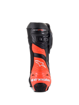 Alpinestars Supertech R Boots, Racing Motorcycle Boots, Black Red Fluo and White, rear view featuring the protective heel plate and flexible accordion bellow design.