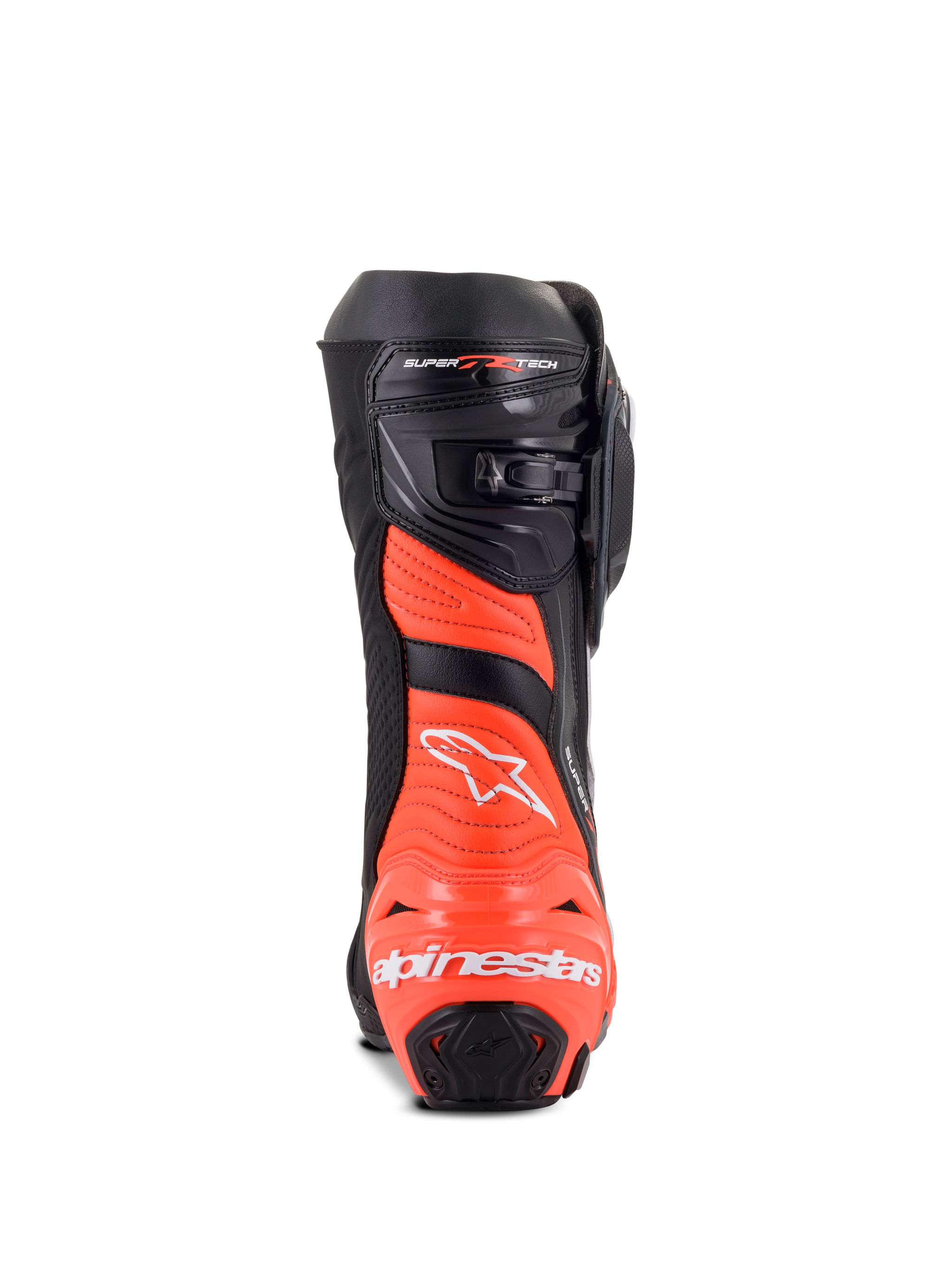 Alpinestars Supertech R Boots, Racing Motorcycle Boots, Black Red Fluo and White, rear view featuring the protective heel plate and flexible accordion bellow design.