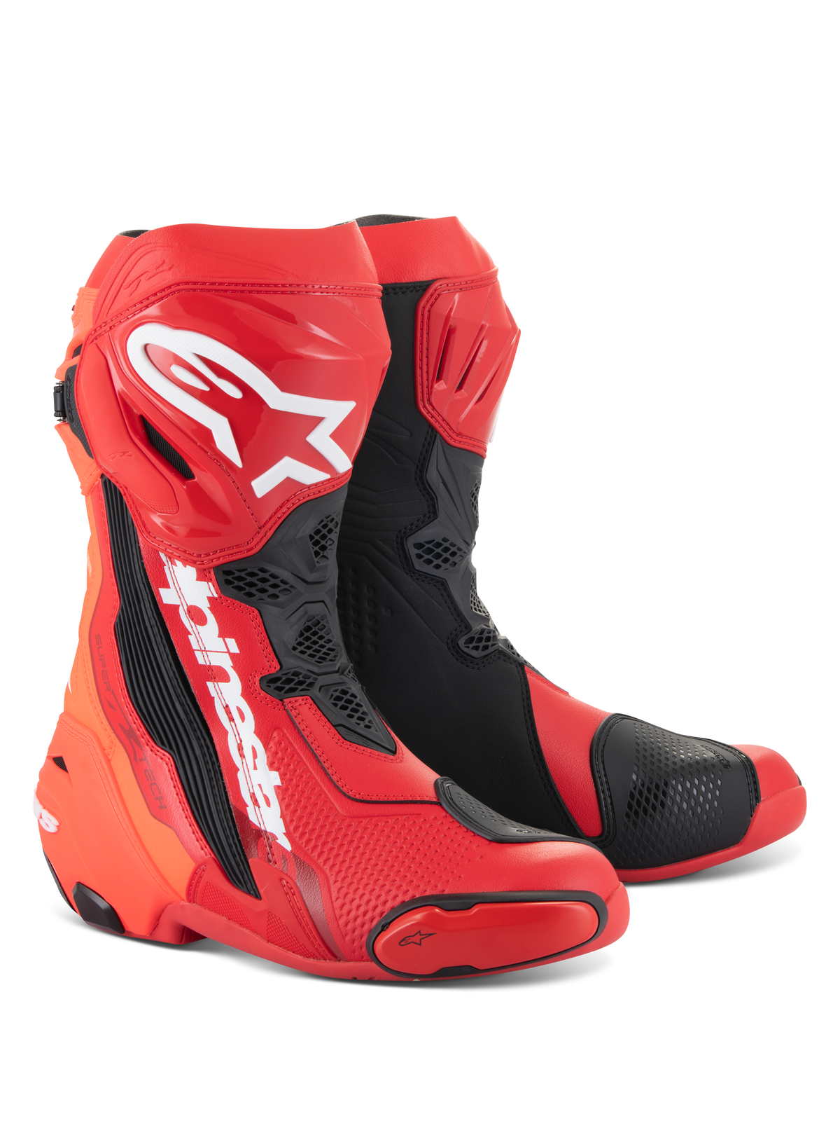 Alpinestars Supertech R laarzen, motorrace-laarzen, helderrood en fluo rood met zwarte en witte accenten, voorzien van witte Alpinestars-logo's op de scheenplaat, verstevigde beschermplaten en vervangbare teensliders, hoogwaardig schoeisel voor sport en racen.