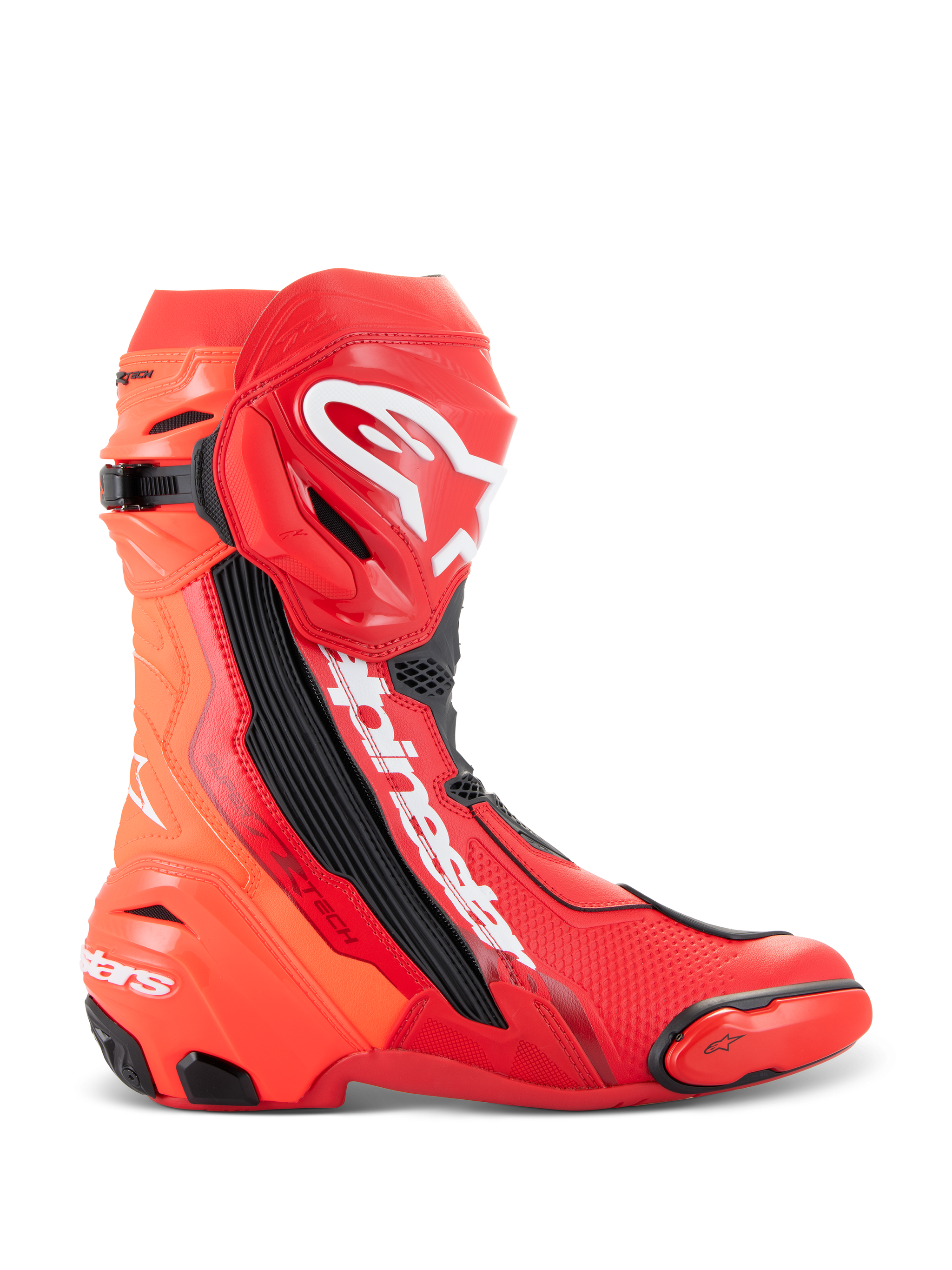 Alpinestars Supertech R laarzen, motorrace laarzen, helderrood en fluorood, zijaanzicht met wit Alpinestars-logo, TPU-scheenplaat en vervangbare toe-slider.