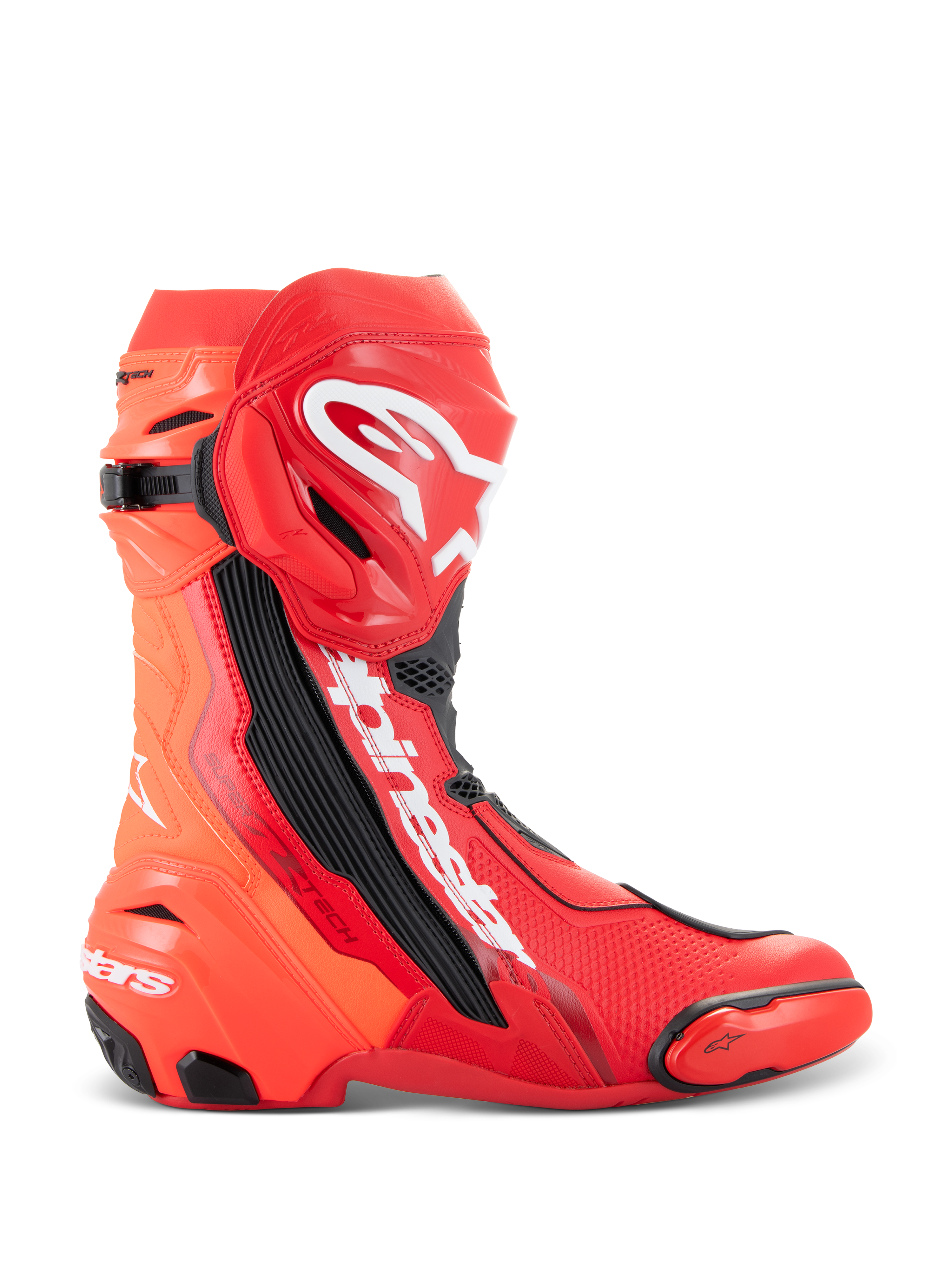 Alpinestars Supertech R-laarzen, motorrace-laarzen, felrood en fluo rood, hoogwaardig circuitontwerp met TPU-scheenplaat, vervangbare teenslider en wit Alpinestars-logo, zijaanzicht