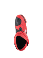 Alpinestars Supertech R Boots, Motorcycle Racing Boots, Bright Red and Red Fluo, top-down perspective showing the interior opening and black shifter pad, sleek performance design for track and road