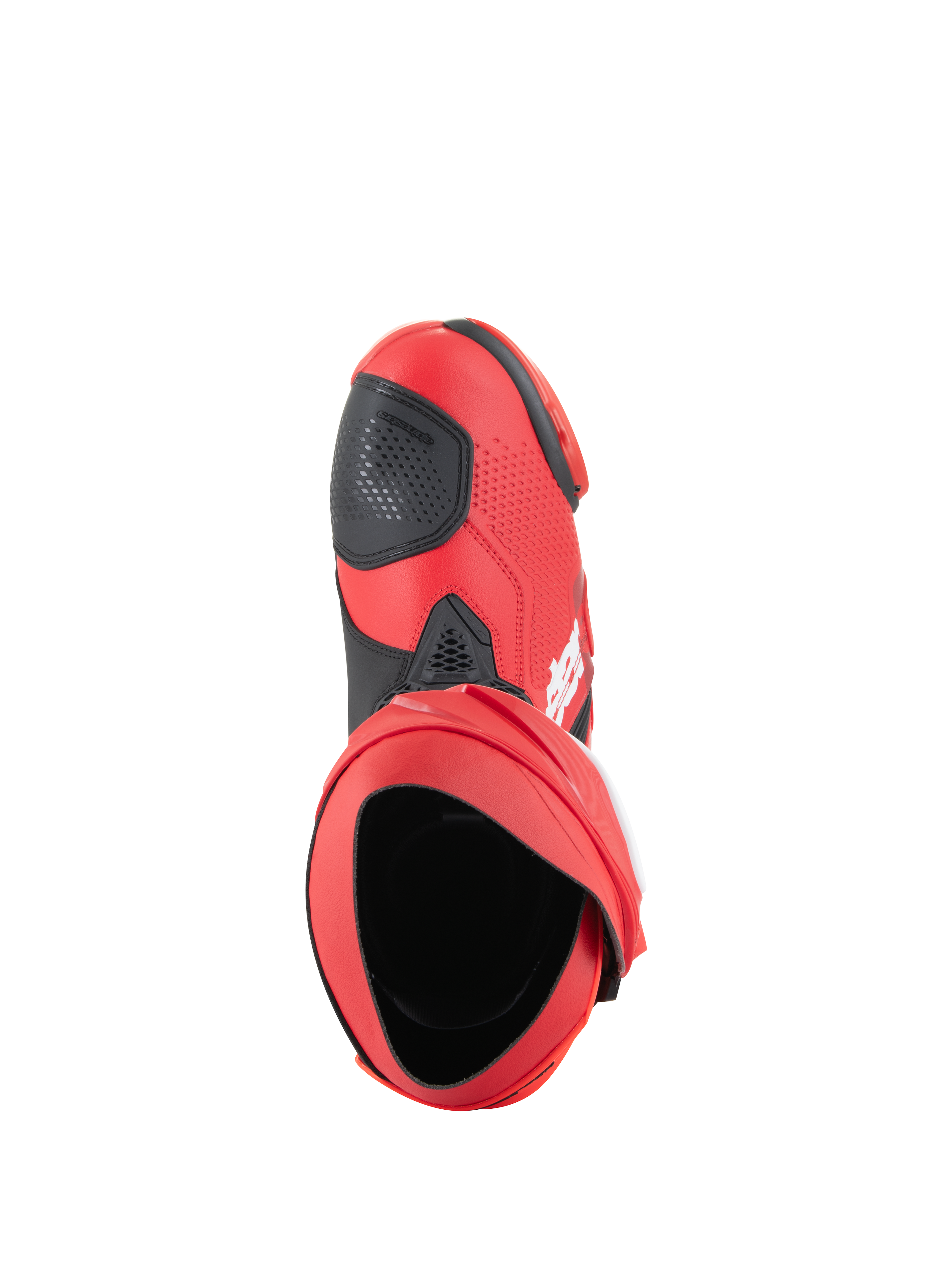 Alpinestars Supertech R Boots, Motorcycle Racing Boots, Bright Red and Red Fluo, top-down perspective showing the interior opening and black shifter pad, sleek performance design for track and road