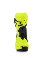 Alpinestars Supertech R Boots, Motorcycle Racing Boots, Yellow Fluo and Black, front view showing the black star logo on the shin plate, honeycomb-textured flex areas, and streamlined design for high-performance racing.