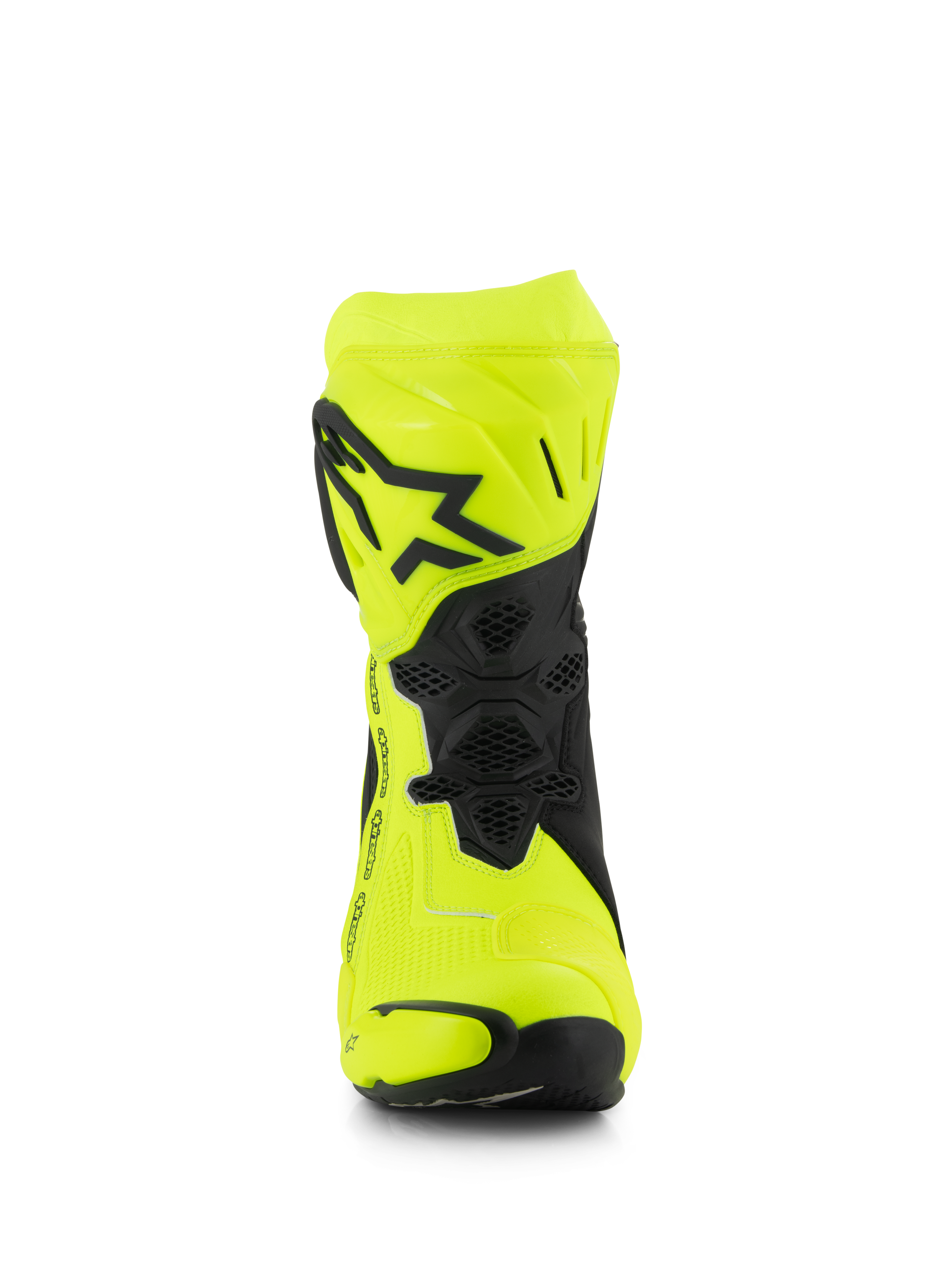 Alpinestars Supertech R Boots, Motorcycle Racing Boots, Yellow Fluo and Black, front view showing the black star logo on the shin plate, honeycomb-textured flex areas, and streamlined design for high-performance racing.