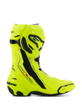 Alpinestars Supertech R Boots, Motorcycle Racing Boots, Yellow Fluo Black, side view featuring high-visibility fluorescent yellow with black protective plates, Alpinestars branding on shin and heel, sleek aerodynamic profile for high-performance riding