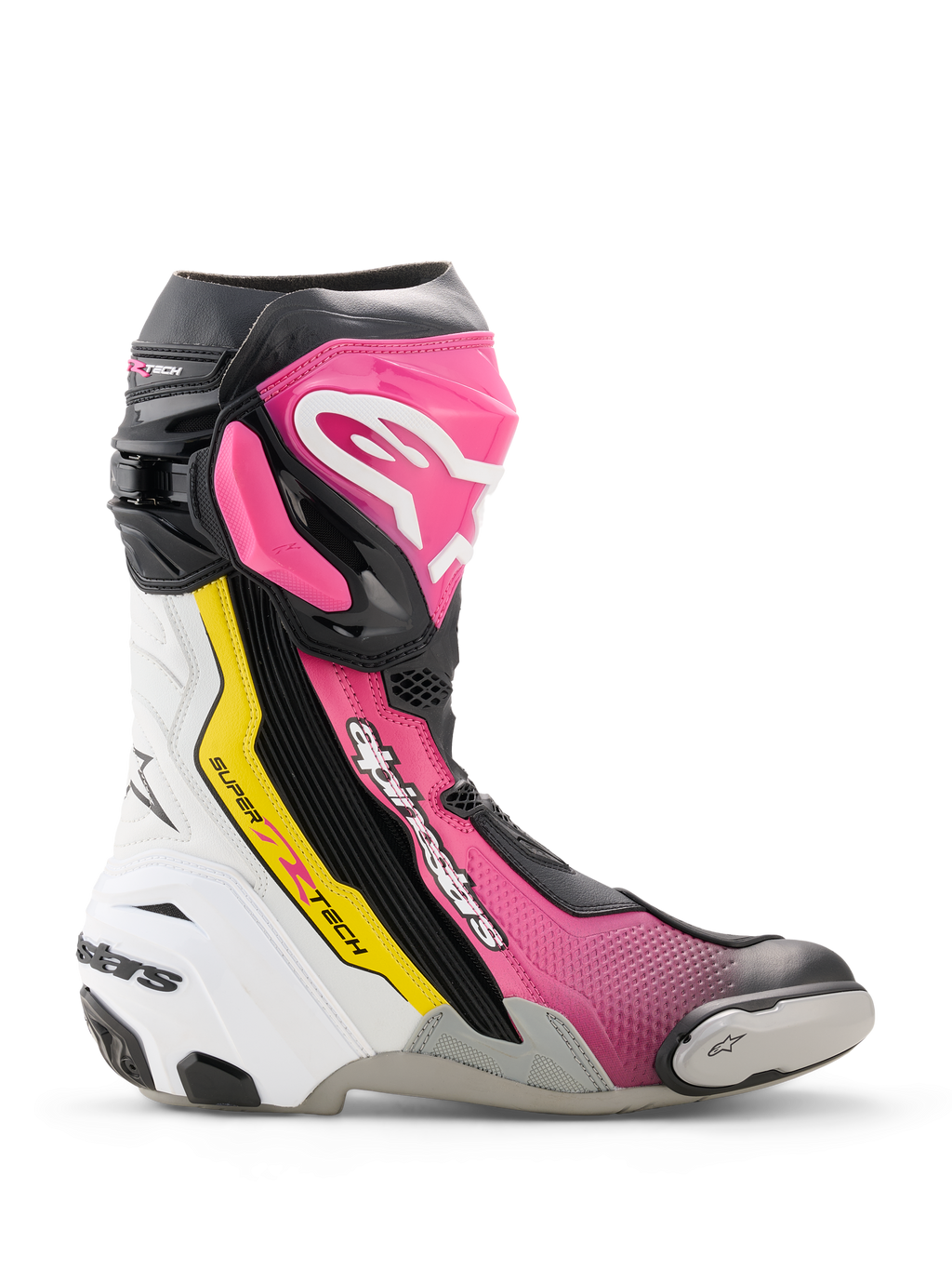 Alpinestars Supertech R Boots, hoogwaardige race-motorlaars in zwart, magenta, wit en fluoriserend geel, zijprofiel met TPU-bescherming, vervangbare teenschuiver en ergonomisch race-ontwerp.
