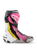 Alpinestars Supertech R Boots, hoogwaardige race-motorlaars in zwart, magenta, wit en fluoriserend geel, zijprofiel met TPU-bescherming, vervangbare teenschuiver en ergonomisch race-ontwerp.