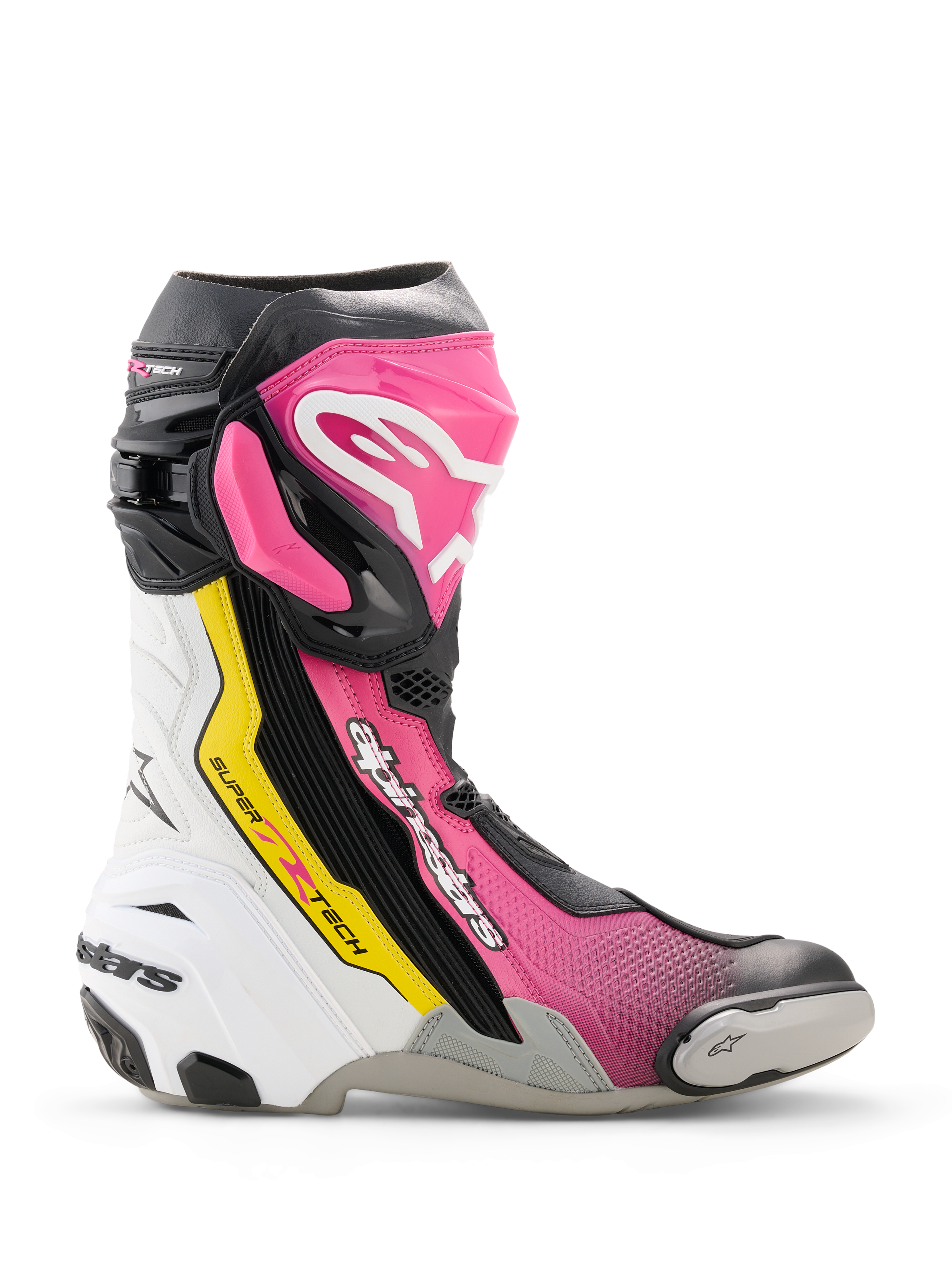 Alpinestars Supertech R Boots, hoogwaardige race-motorlaars in zwart, magenta, wit en fluoriserend geel, zijprofiel met TPU-bescherming, vervangbare teenschuiver en ergonomisch race-ontwerp.