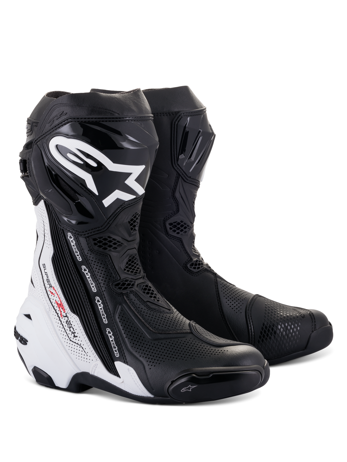 Alpinestars Supertech R Vented laarzen, motorrace-laarzen, zwart en wit, voorzien van uitgebreide perforaties voor ventilatie, opvallend wit logo op het scheenbeen, TPU-beschermers en een gestroomlijnd aerodynamisch ontwerp voor circuitprestaties