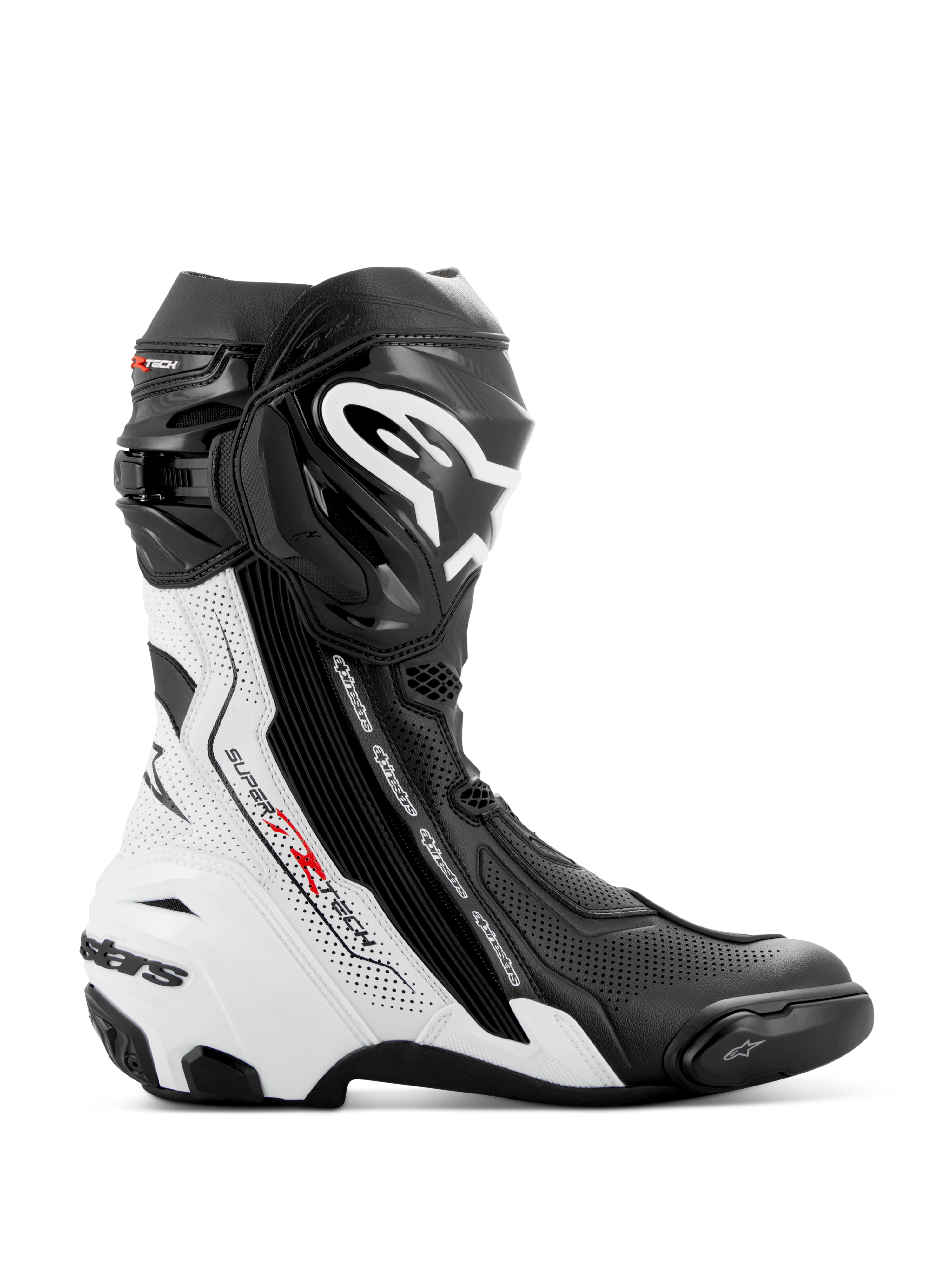 Alpinestars Supertech R Vented motorlaarzen, motorrace-laarzen, zwart en wit met rode accenten, zijprofiel met uitgebreide perforaties voor ademend vermogen, groot wit logo op de scheenplaat, beschermende TPU-sliders