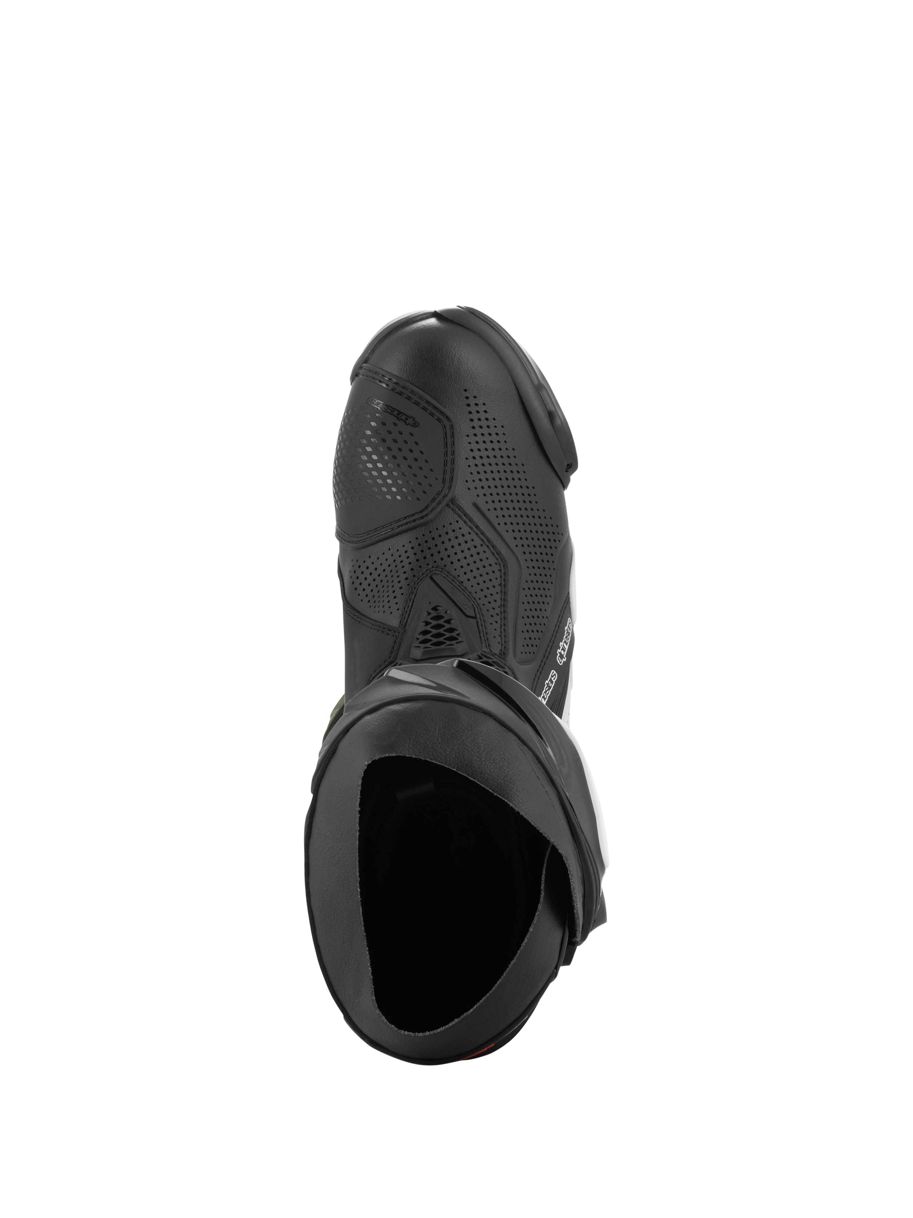 Alpinestars Supertech R Vented Boots, Black and White, top-down view highlighting perforated chassis for airflow, TPU shifter guard, and ergonomic opening, professional racing motorcycle boot.