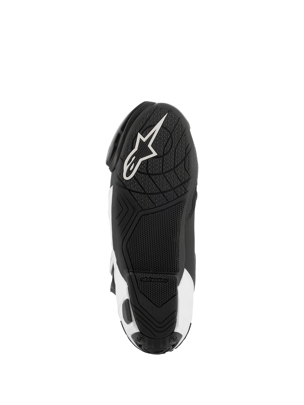 Alpinestars Supertech R Vented Boots, Motorcycle Racing Boots, Black and White, bottom view of the sole featuring a textured rubber grip and white Alpinestars logo