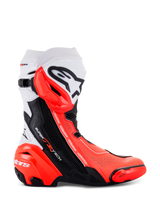 Alpinestars Supertech R Vented Boots, Professional Racing Motorcycle Boots, Black White and Red Fluo, side profile showing ventilated design, TPU shin guard, and replaceable toe slider